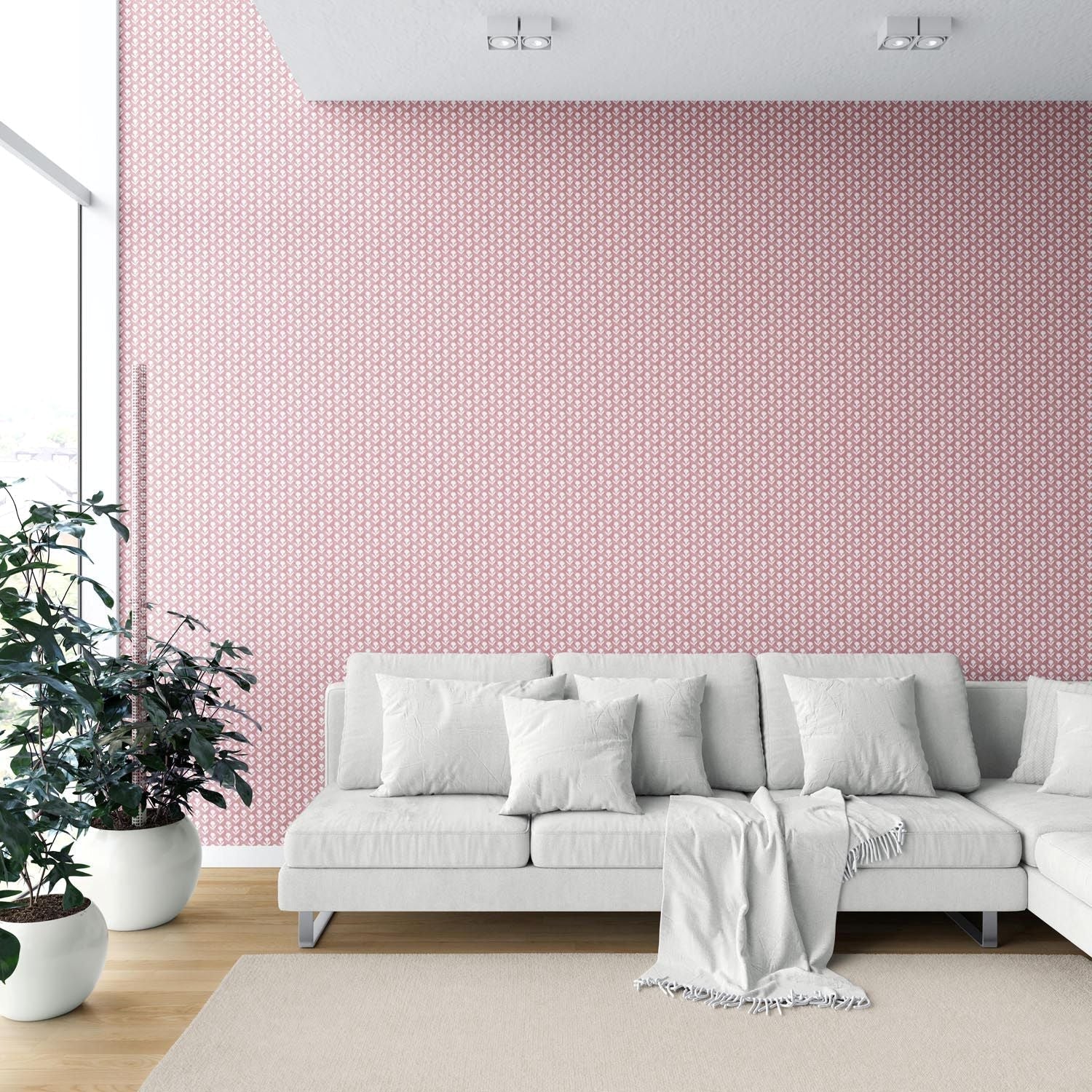 Small Floral Block Print Shower Toilet Wallpaper (Pink/ White)