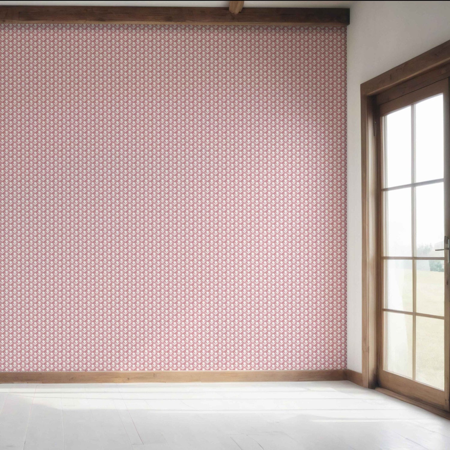 Small Floral Block Print Bedroom Wallpaper (Pink/ White)