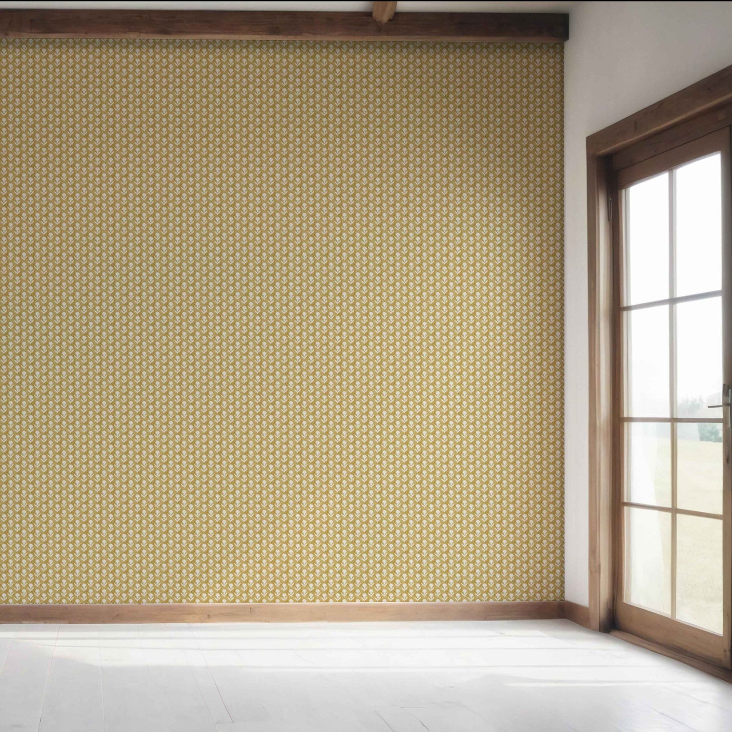 Small Floral Block Print Bedroom Wallpaper (Yellow/ White)