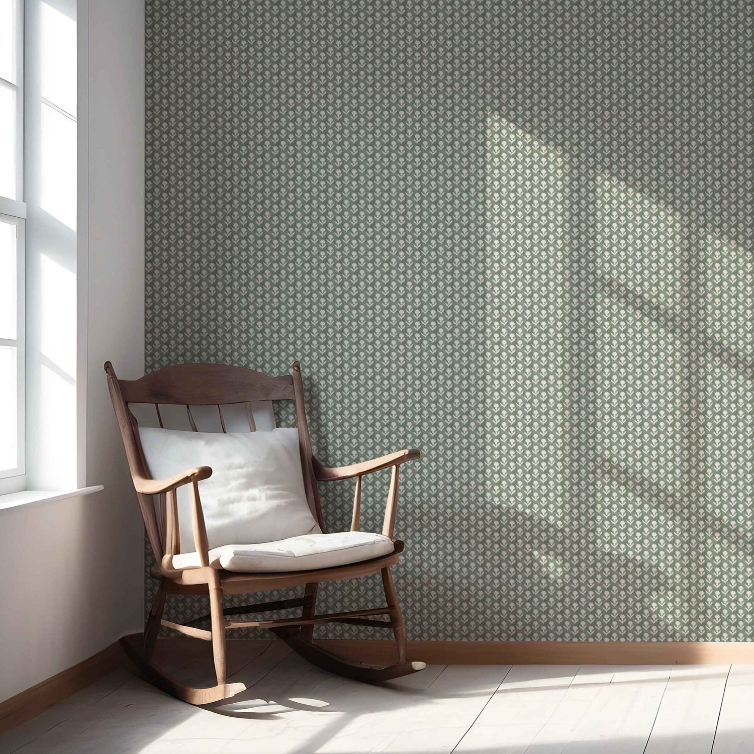 Small Floral Block Print Nursery Wallpaper (Green/ White)