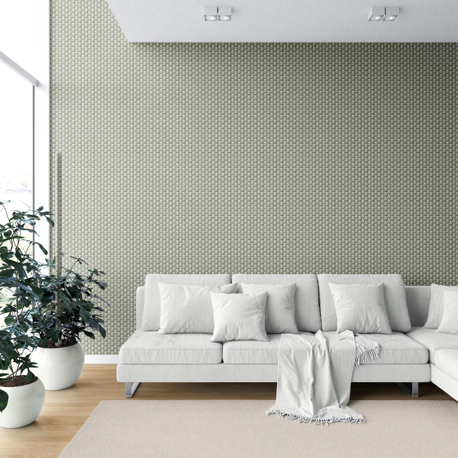 Small Floral Block Print Shower Toilet Wallpaper (Green/ White)