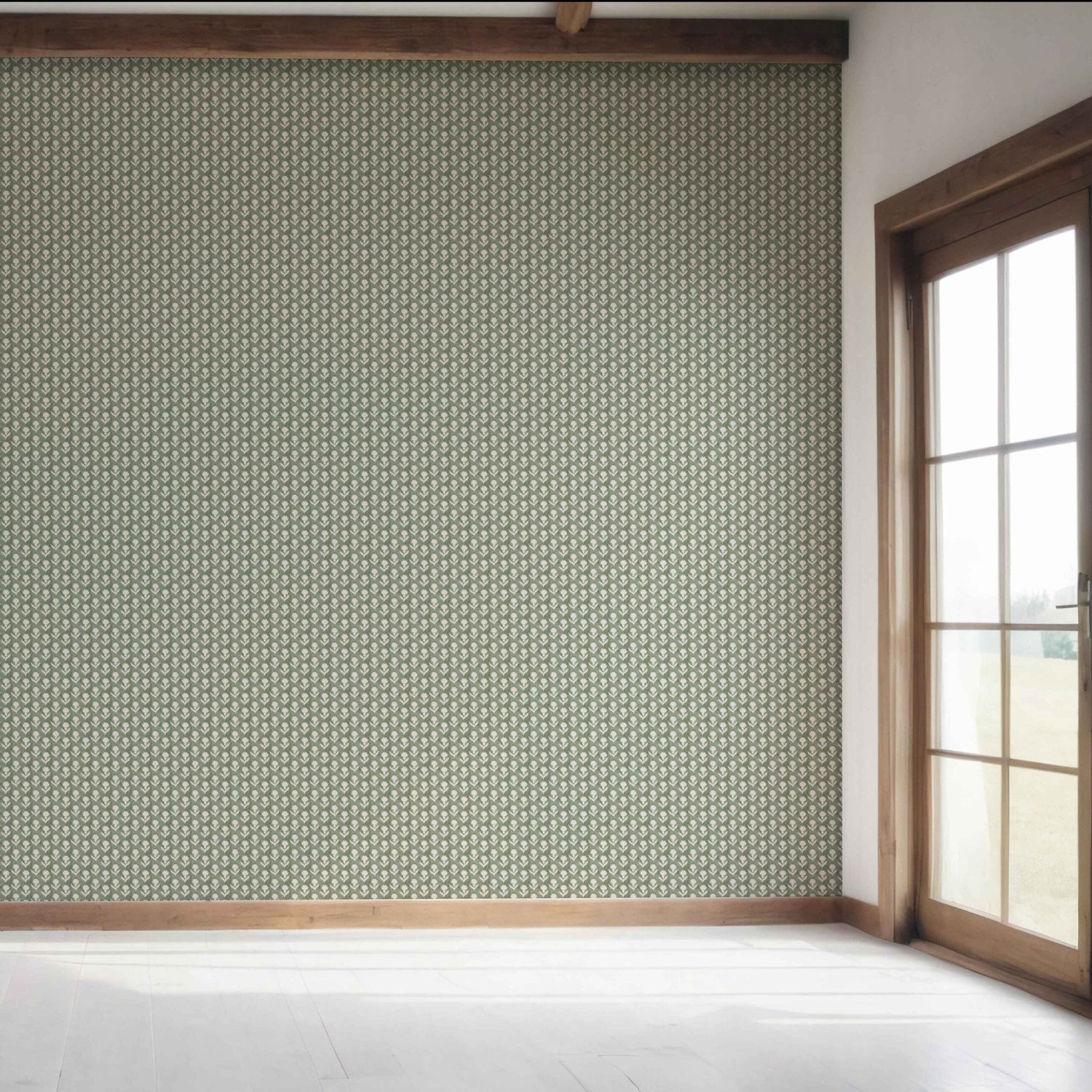 Small Floral Block Print Bedroom Wallpaper (Green/ White)