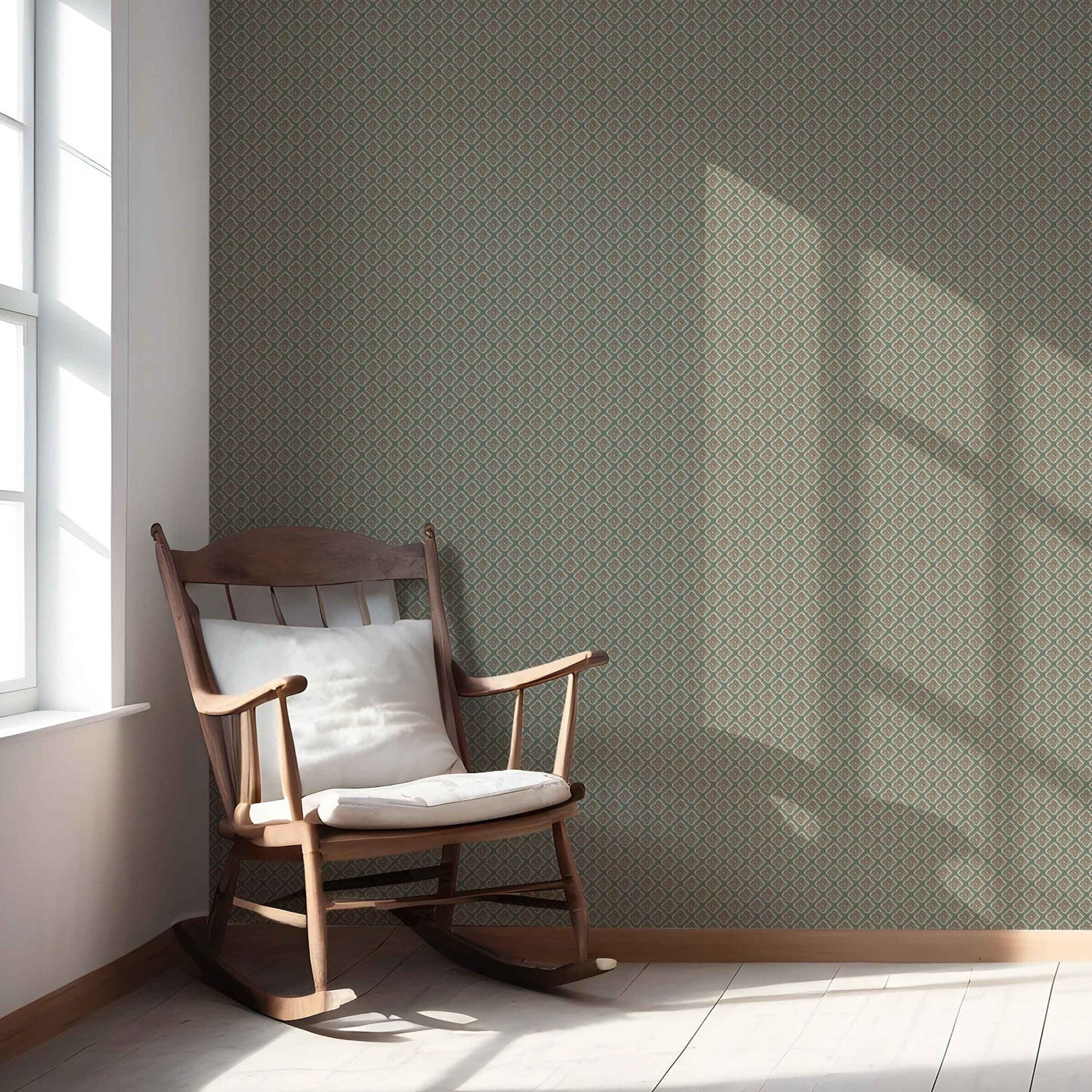 Small Floral Geometric Lattice Nursery Wallpaper (Olive Green/ Brown)