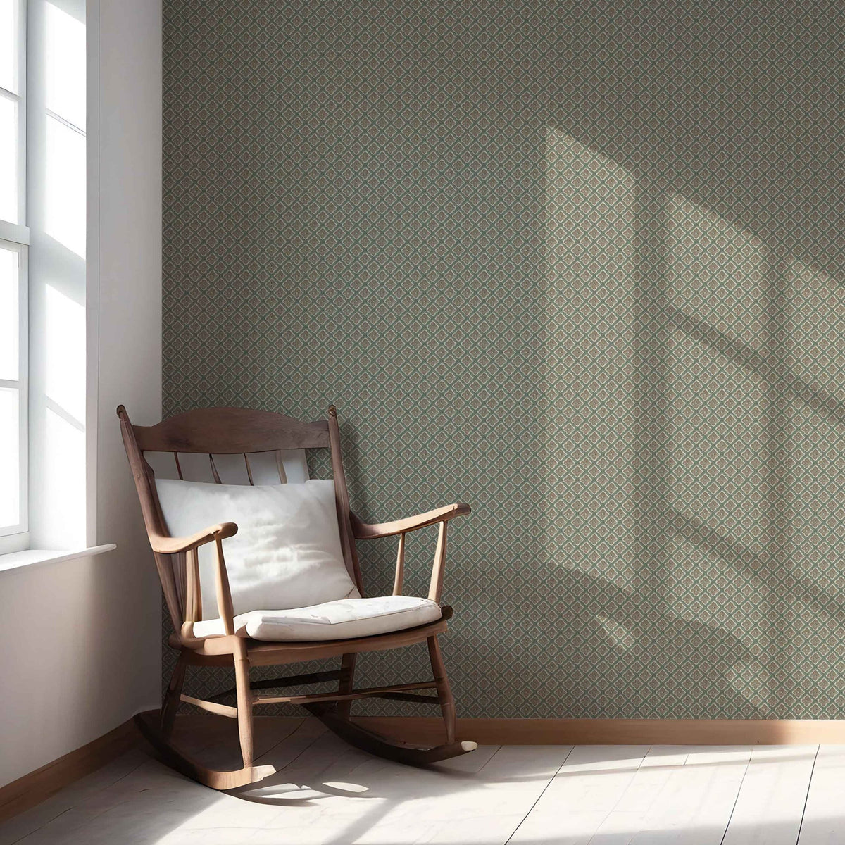 Small Floral Geometric Lattice Nursery Wallpaper (Olive Green/ Brown)