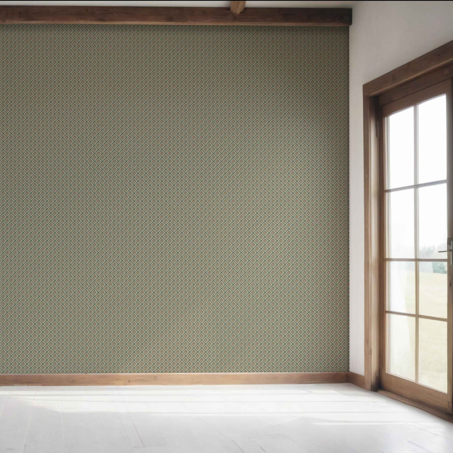 Small Floral Geometric Lattice Bedroom Wallpaper (Olive Green/ Brown)