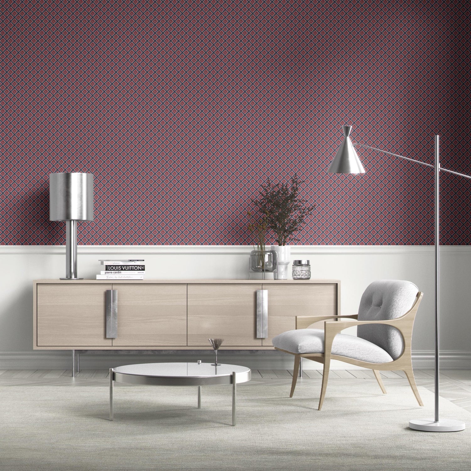 Small Floral Geometric Lattice Bathroom Wallpaper (Navy Blue/ Red)