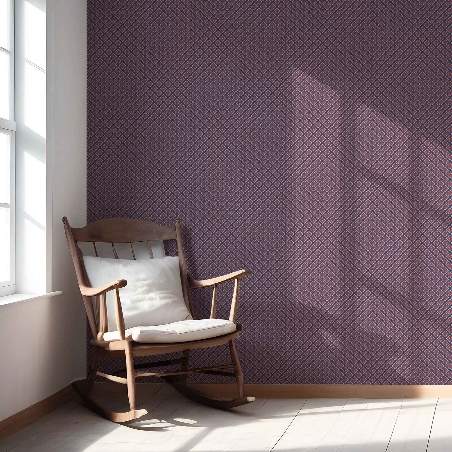 Small Floral Geometric Lattice Nursery Wallpaper (Navy Blue/ Red)