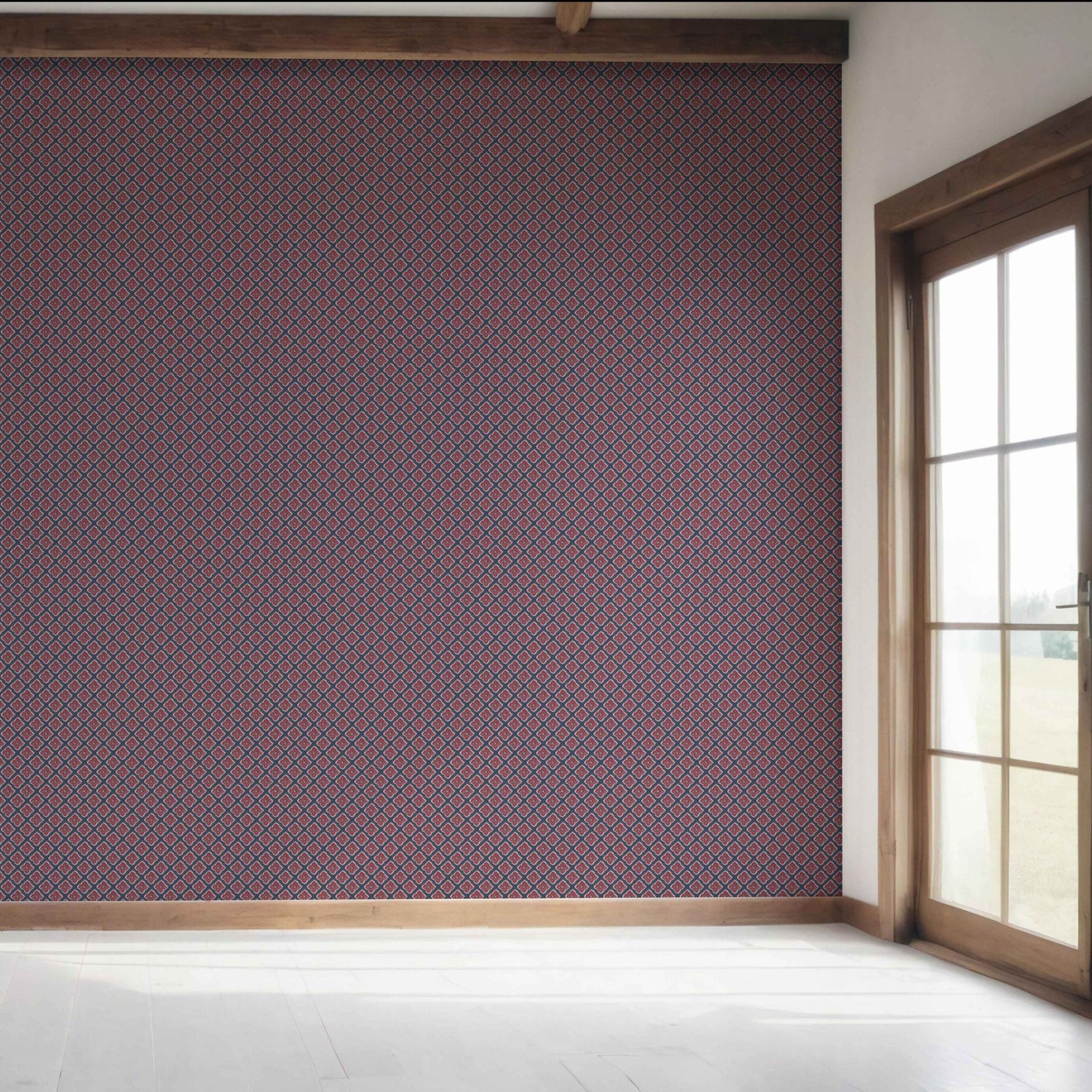 Small Floral Geometric Lattice Bedroom Wallpaper (Navy Blue/ Red)
