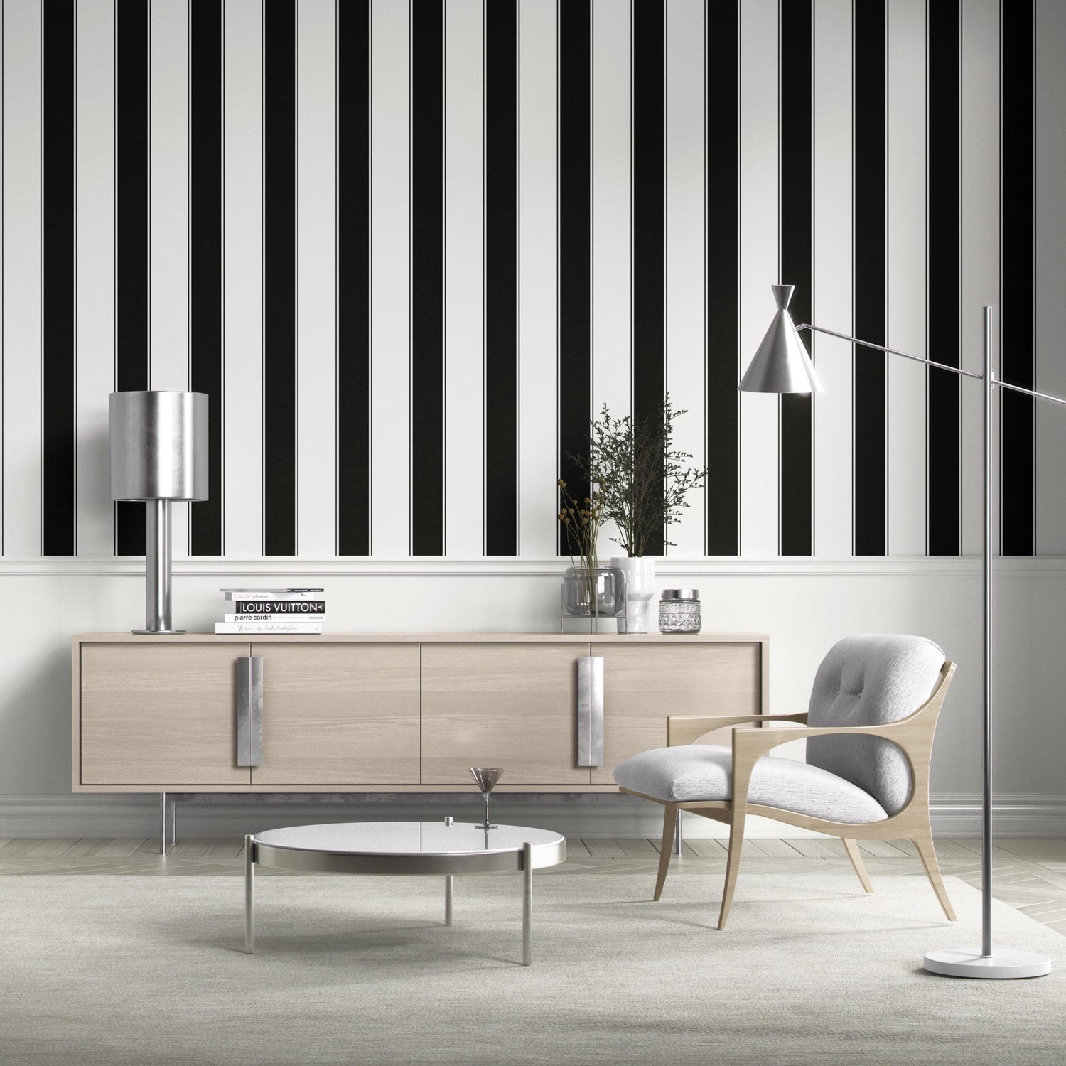 Neutral-Toned Scandi-Inspired Striped Shower Toilet Wallpaper (Black & White)