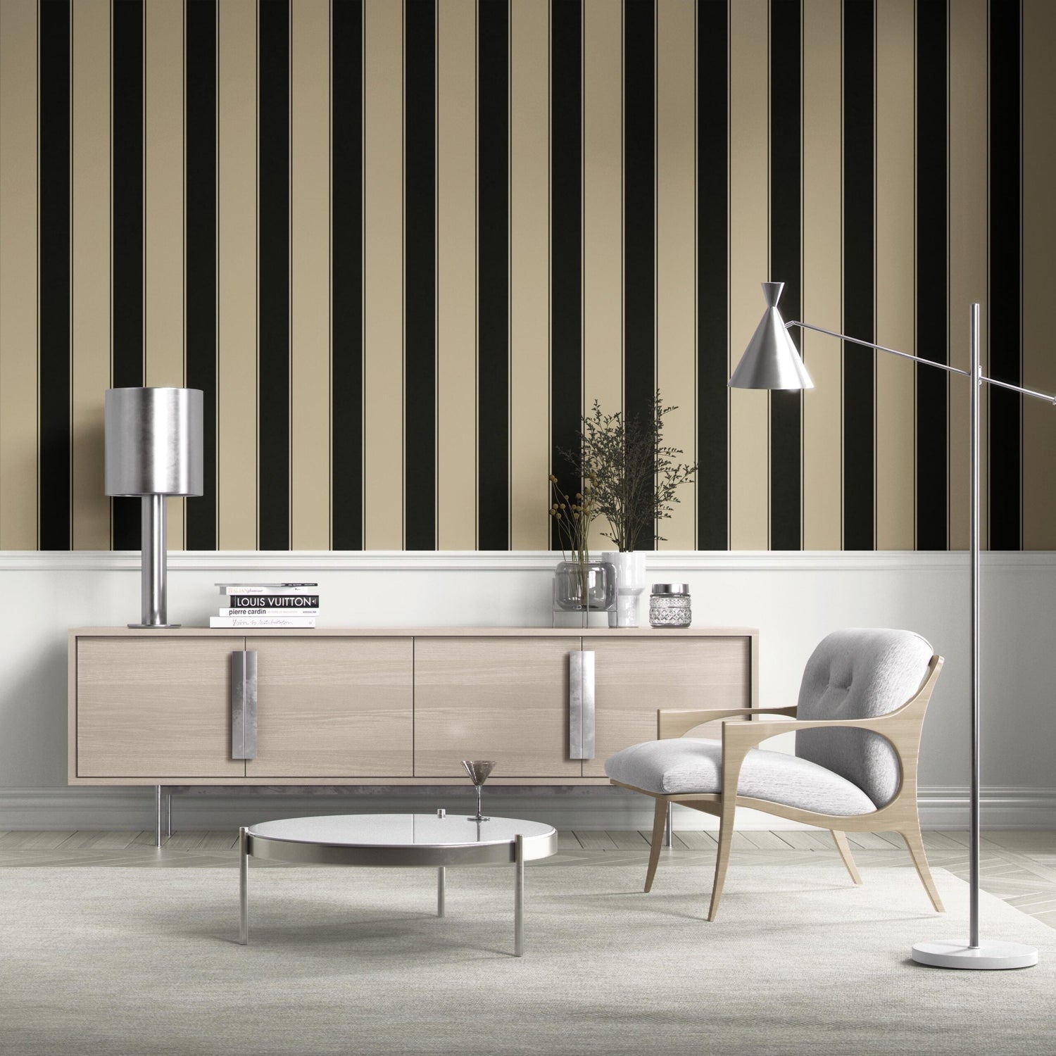 Neutral-Toned Scandi-Inspired Striped Kitchen Wallpaper (Black/ Brown/ Beige)