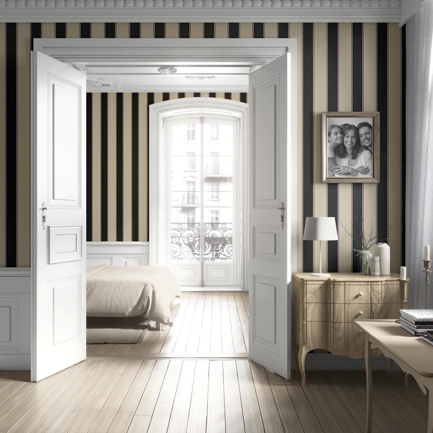 Neutral-Toned Scandi-Inspired Striped Living Room Wallpaper (Black/ Brown/ Beige)