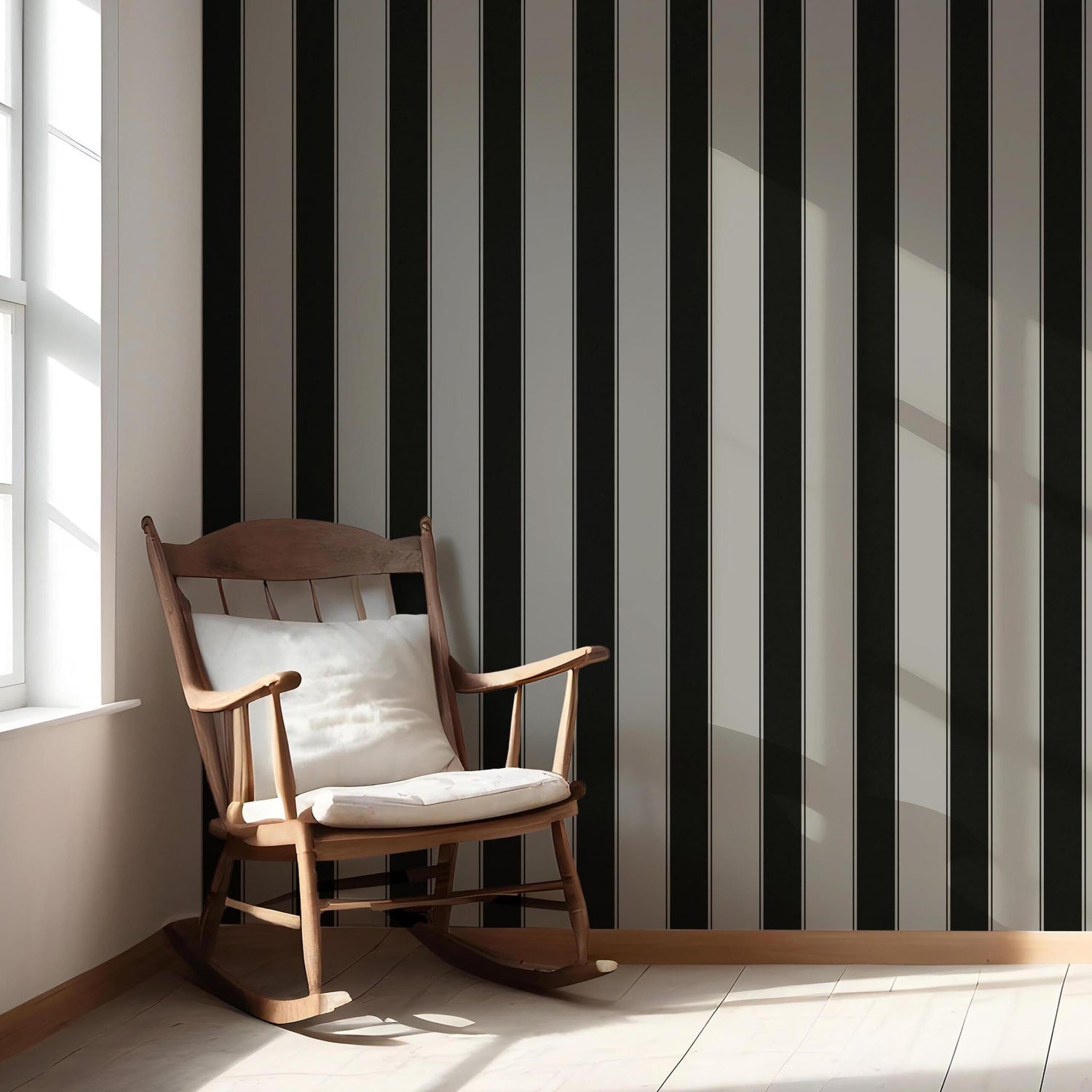 Neutral-Toned Scandi-Inspired Striped Nursery Wallpaper (Gray/ Black)