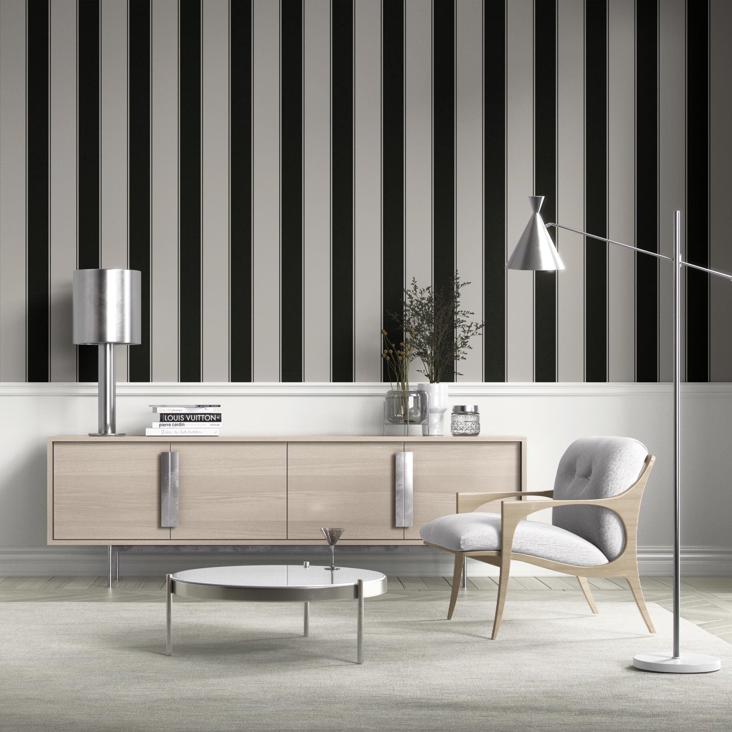 Neutral-Toned Scandi-Inspired Striped Shower Toilet Wallpaper (Gray/ Black)