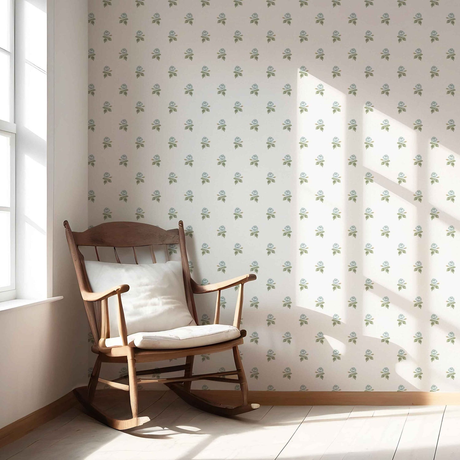 Vintage-Inspired Floral Block Print Nursery Wallpaper (Blue/ Green/ White)