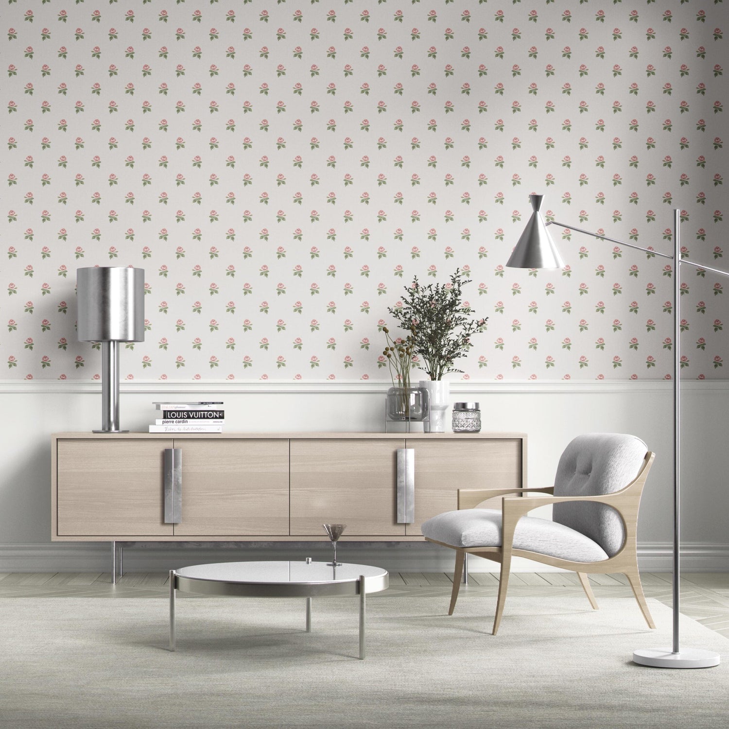 Vintage-Inspired Floral Block Print Bathroom Wallpaper (Pink/ Green/ White)