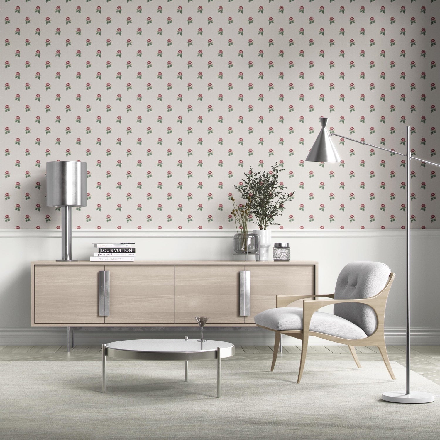 Vintage-Inspired Floral Block Print Bathroom Wallpaper (Red-Pink/ Green/ White)
