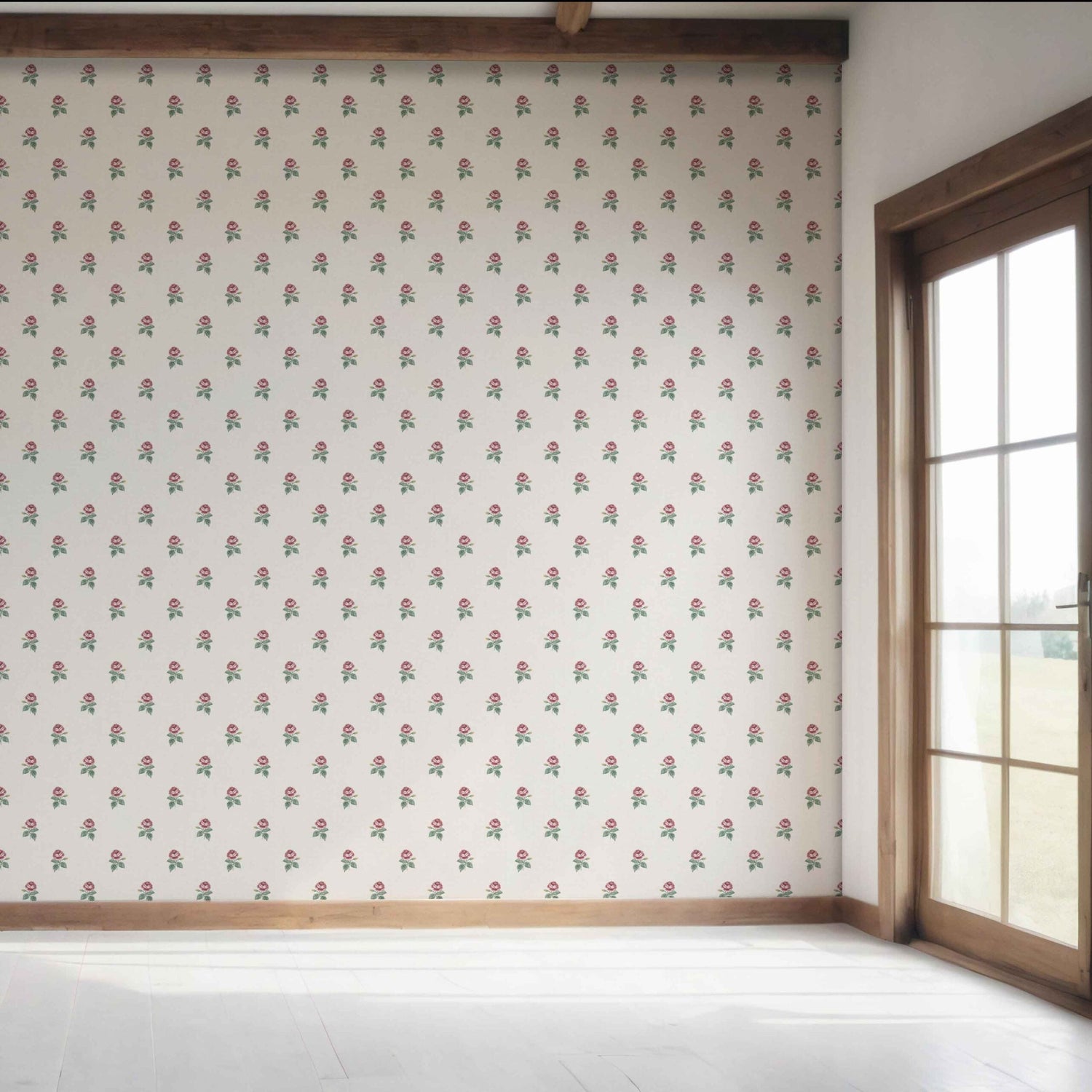 Vintage-Inspired Floral Block Print Bedroom Wallpaper (Red-Pink/ Green/ White)