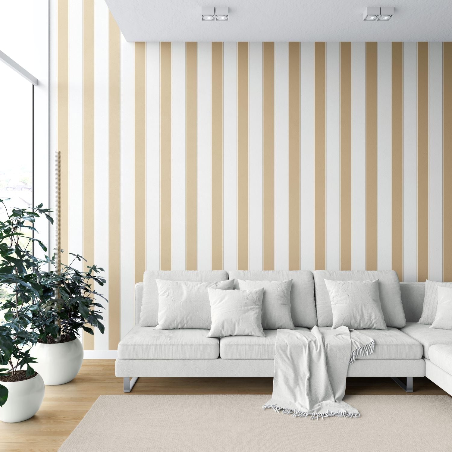 Geometric Striped Bathroom Wallpaper (Sand Beige/ Tan/ White)