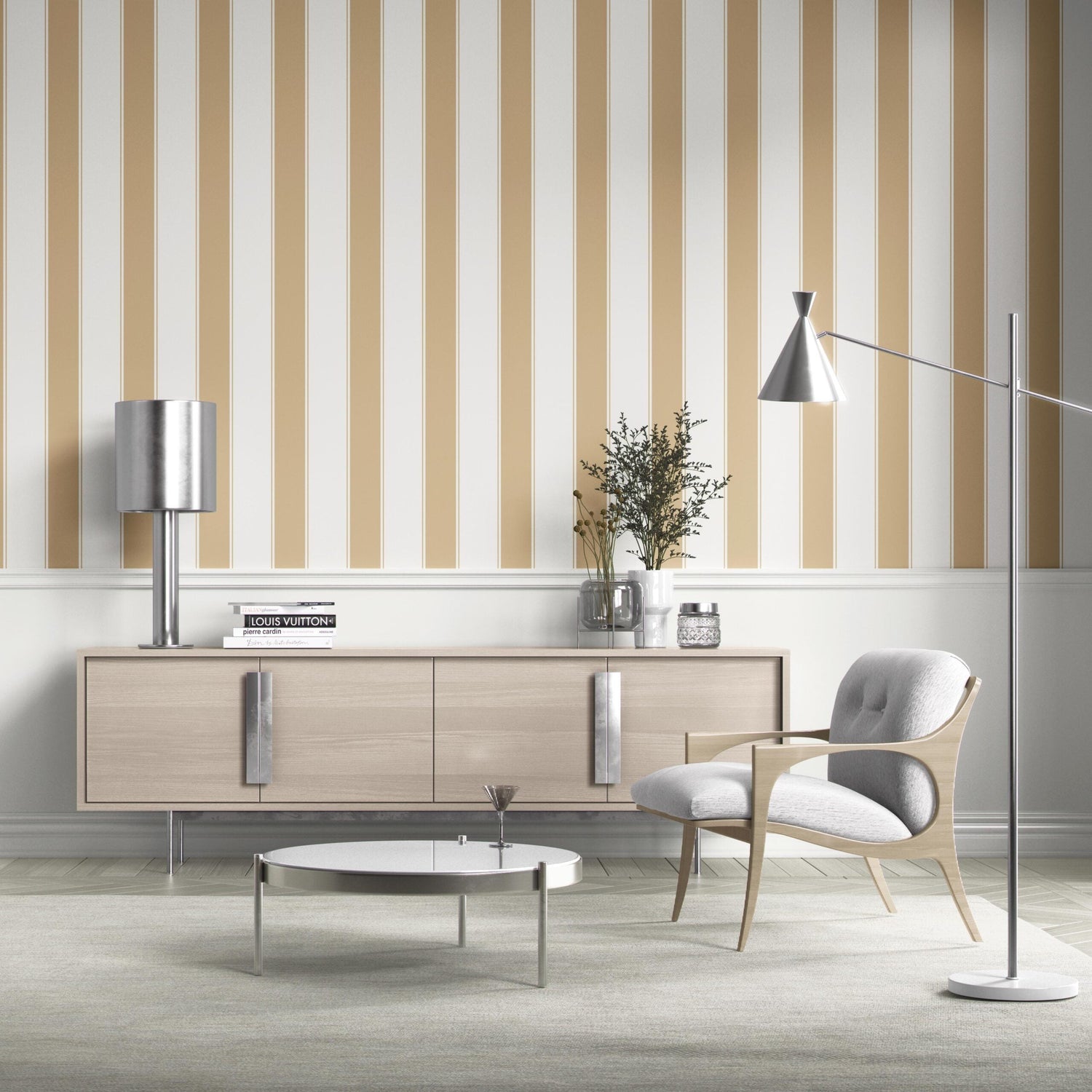 Geometric Striped Living Room Wallpaper (Sand Beige/ Tan/ White)