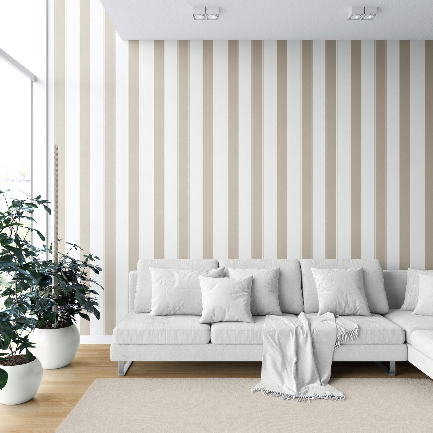Neutral Geometric Striped Bathroom Wallpaper (Stone Beige/ White)