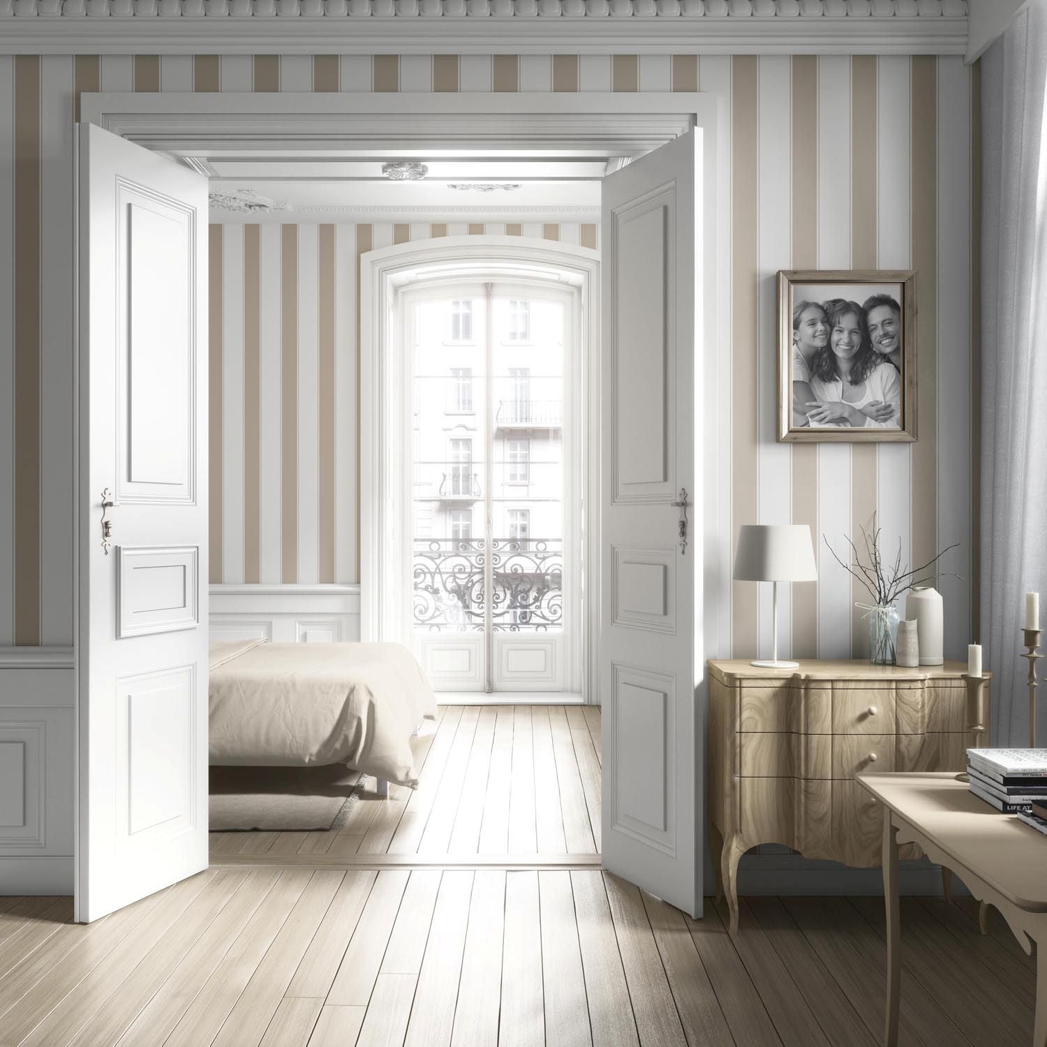 Neutral Geometric Striped Nursery Wallpaper (Stone Beige/ White)