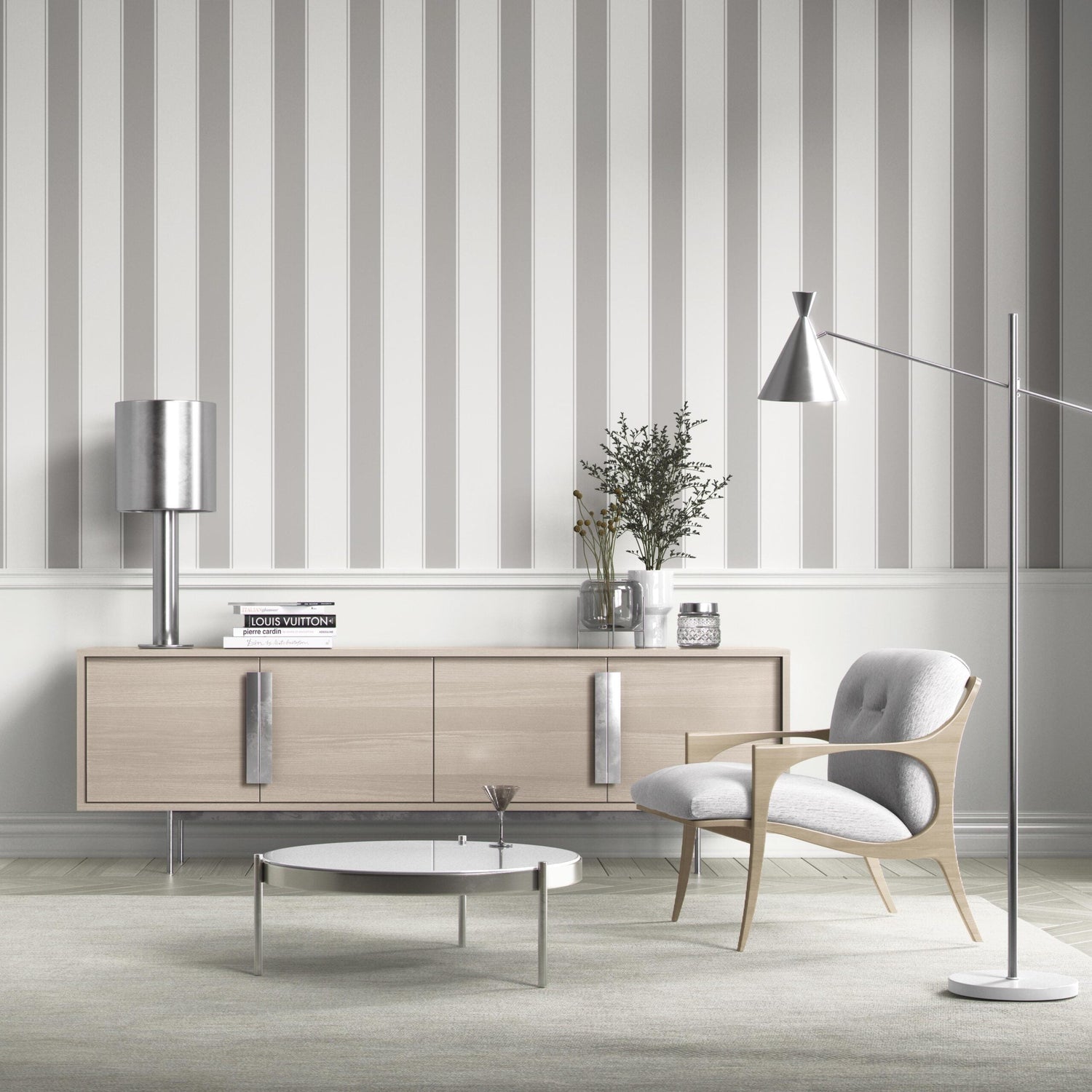 Neutral Geometric Striped Living Room Wallpaper (Gray/ White)