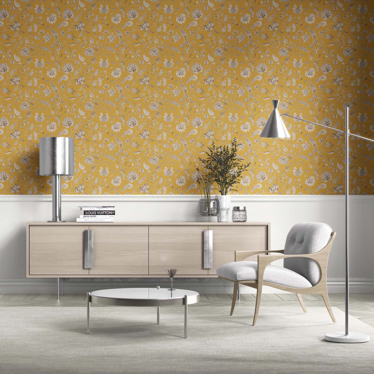 Floral Botanical Patterned Kitchen Wallpaper (Yellow/ Beige)