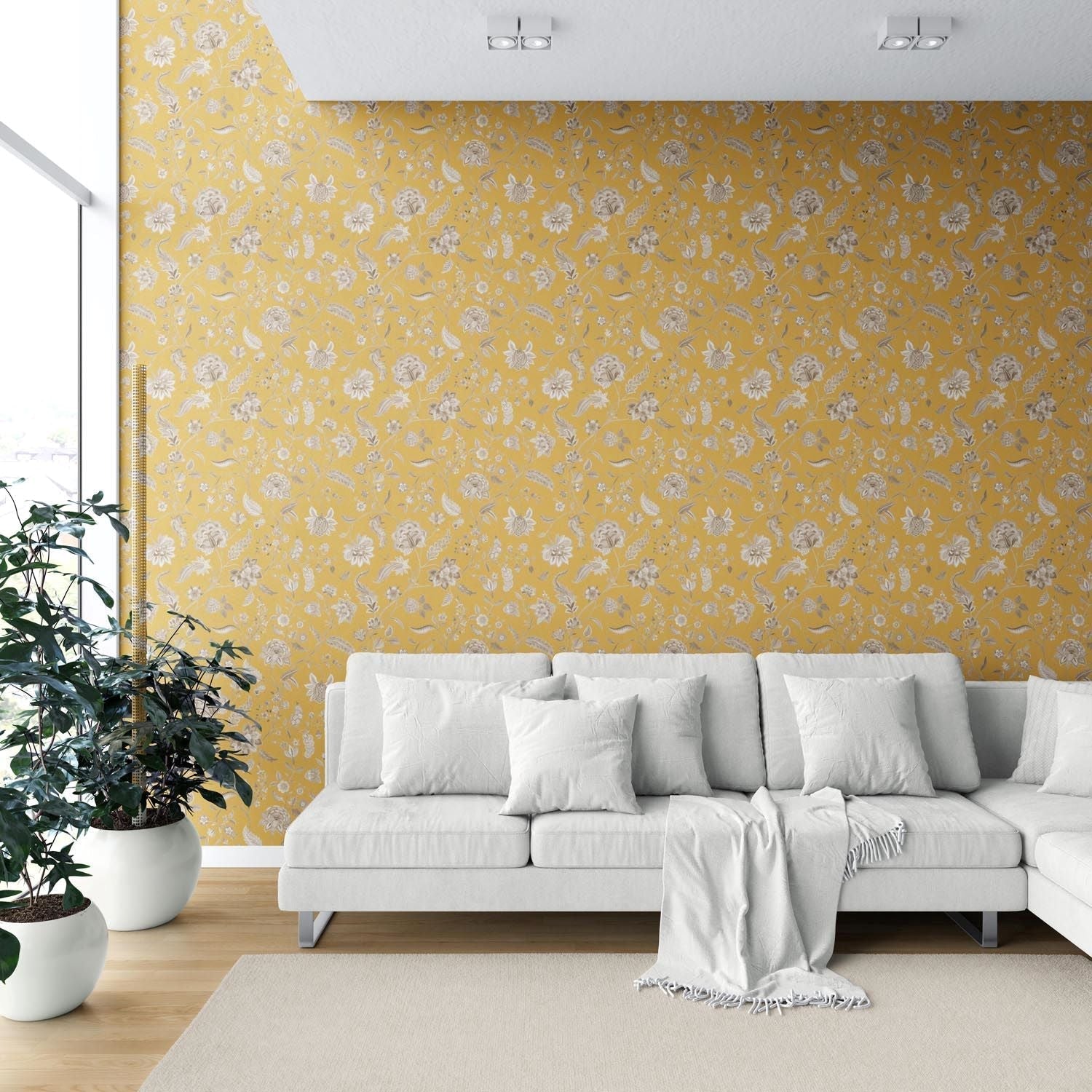 Floral Botanical Patterned Shower Toilet Wallpaper (Yellow/ Beige)