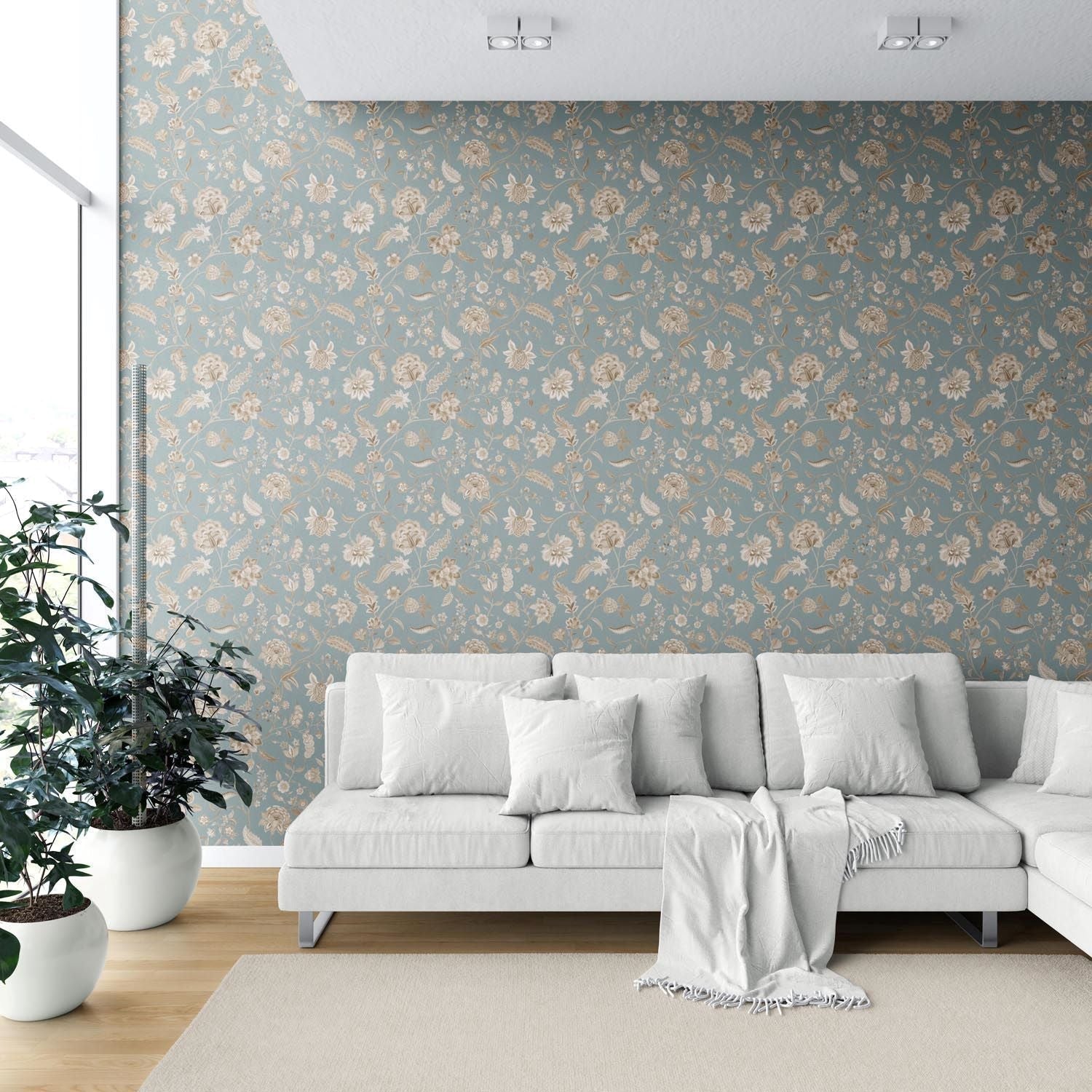 Floral Botanical Patterned Shower Toilet Wallpaper (Blue-Gray/ Beige)