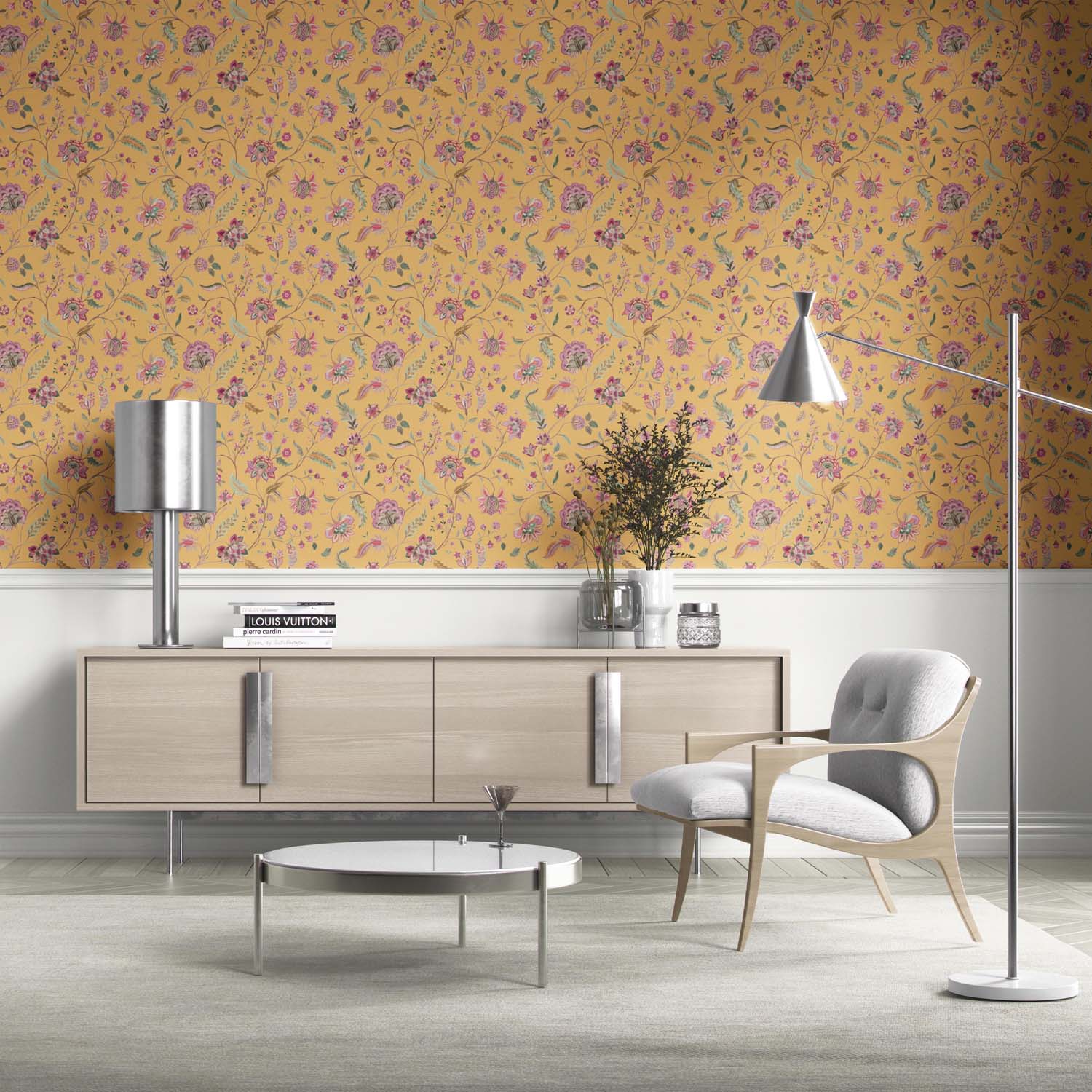 Floral Botanical Patterned Kitchen Wallpaper (Yellow/ Pink/ Green)