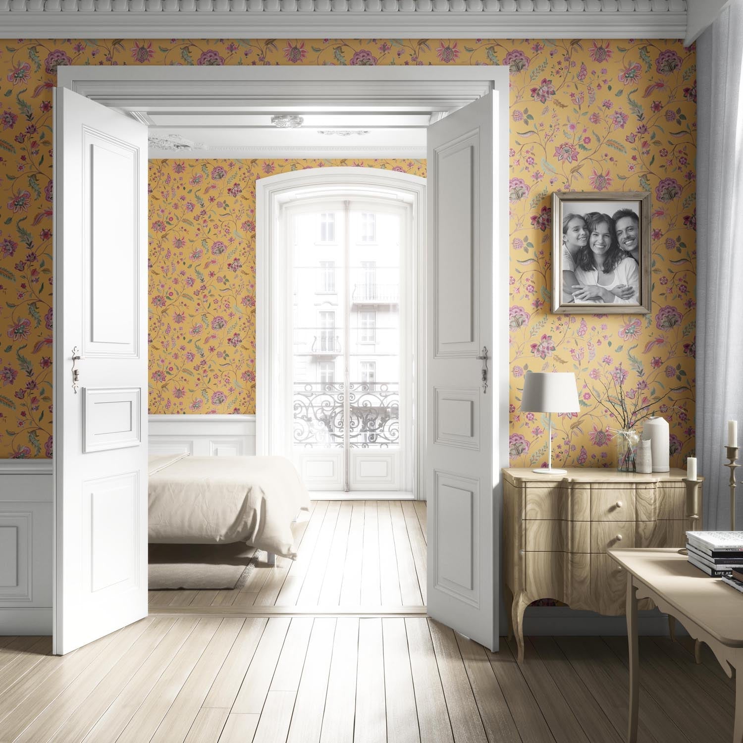 Floral Botanical Patterned Living Room Wallpaper (Yellow/ Pink/ Green)