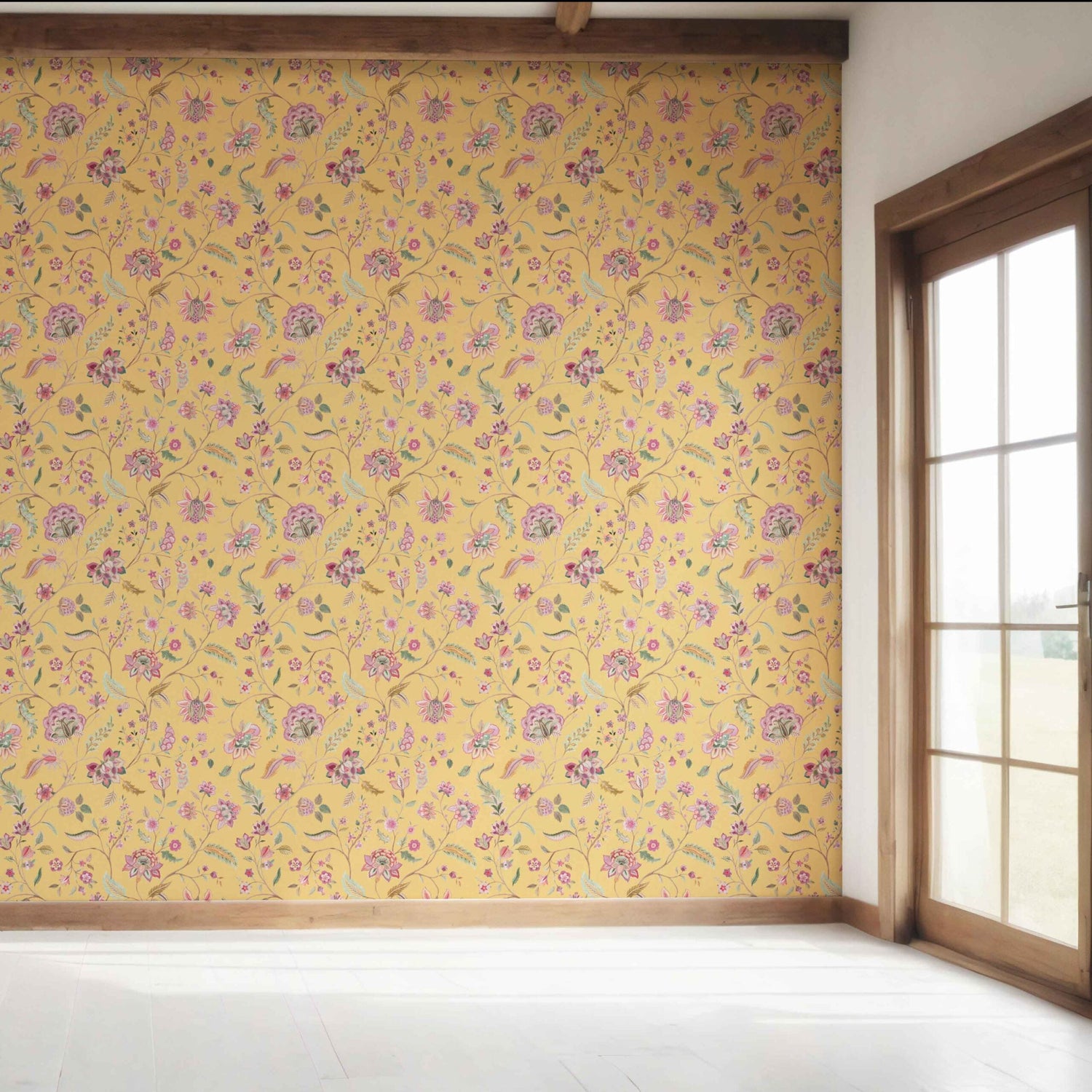 Floral Botanical Patterned Bedroom Wallpaper (Yellow/ Pink/ Green)