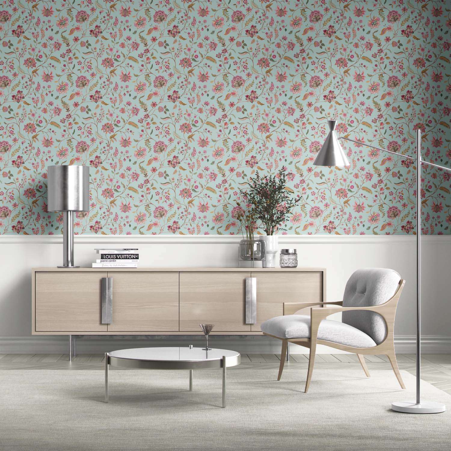 Floral Botanical Patterned Kitchen Wallpaper (Blue/ Pink/ Green)