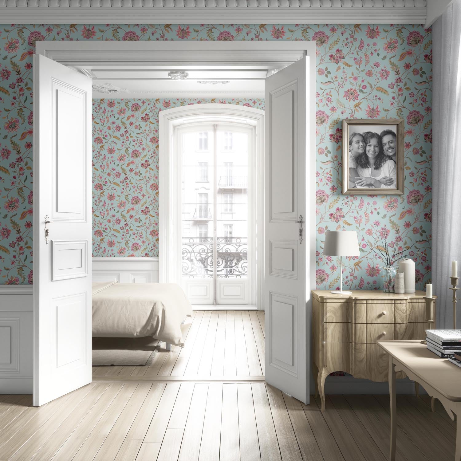Floral Botanical Patterned Living Room Wallpaper (Blue/ Pink/ Green)