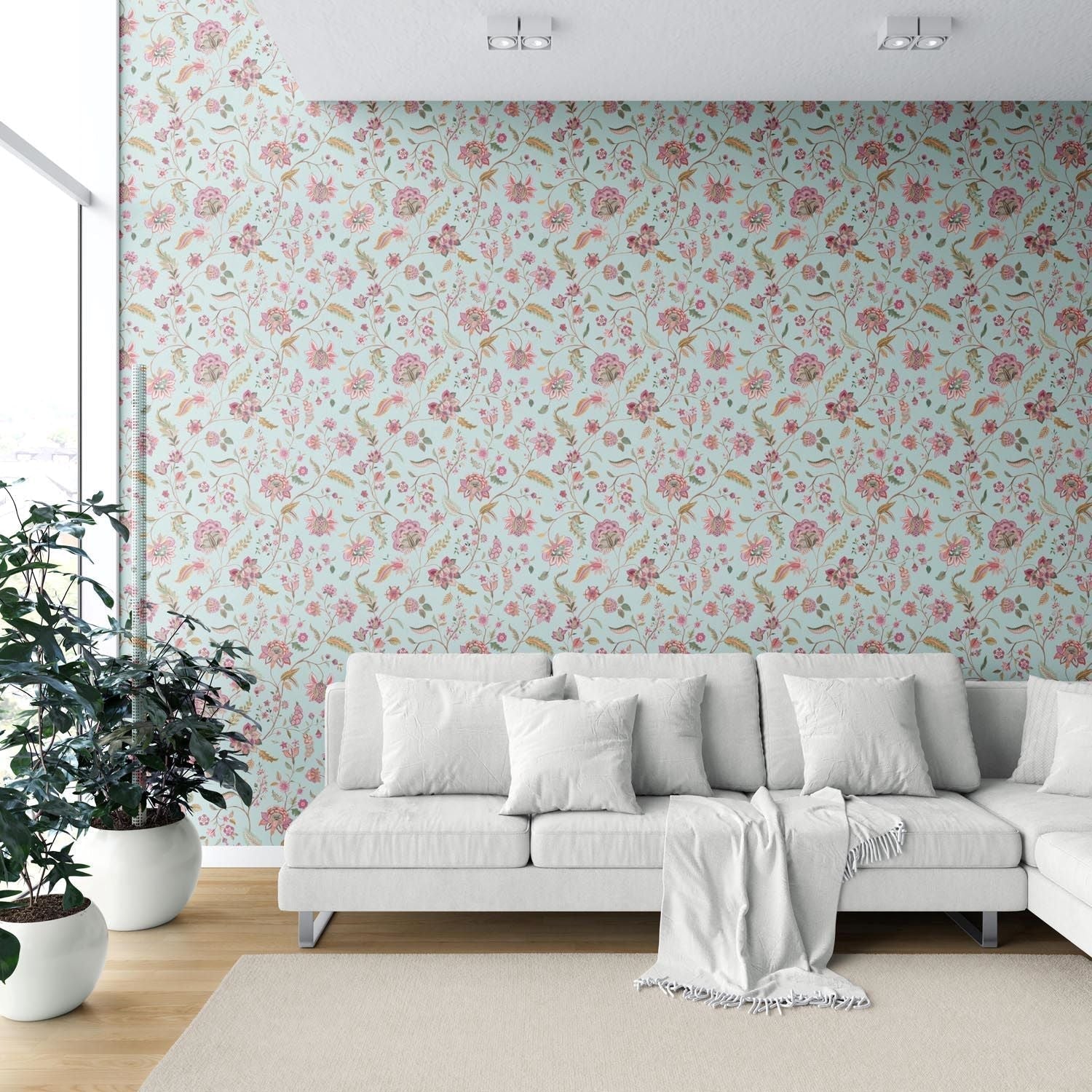 Floral Botanical Patterned Shower Toilet Wallpaper (Blue/ Pink/ Green)