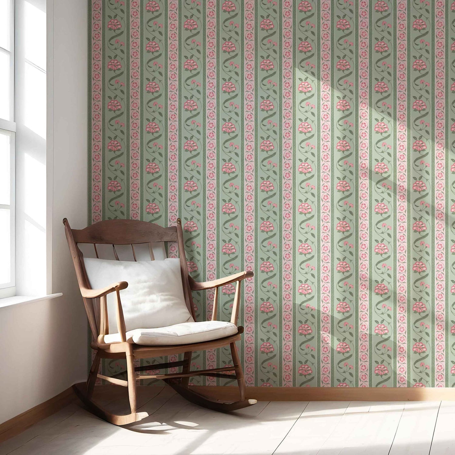 Floral Botanical Striped Kitchen Wallpaper (Green/ Pink)