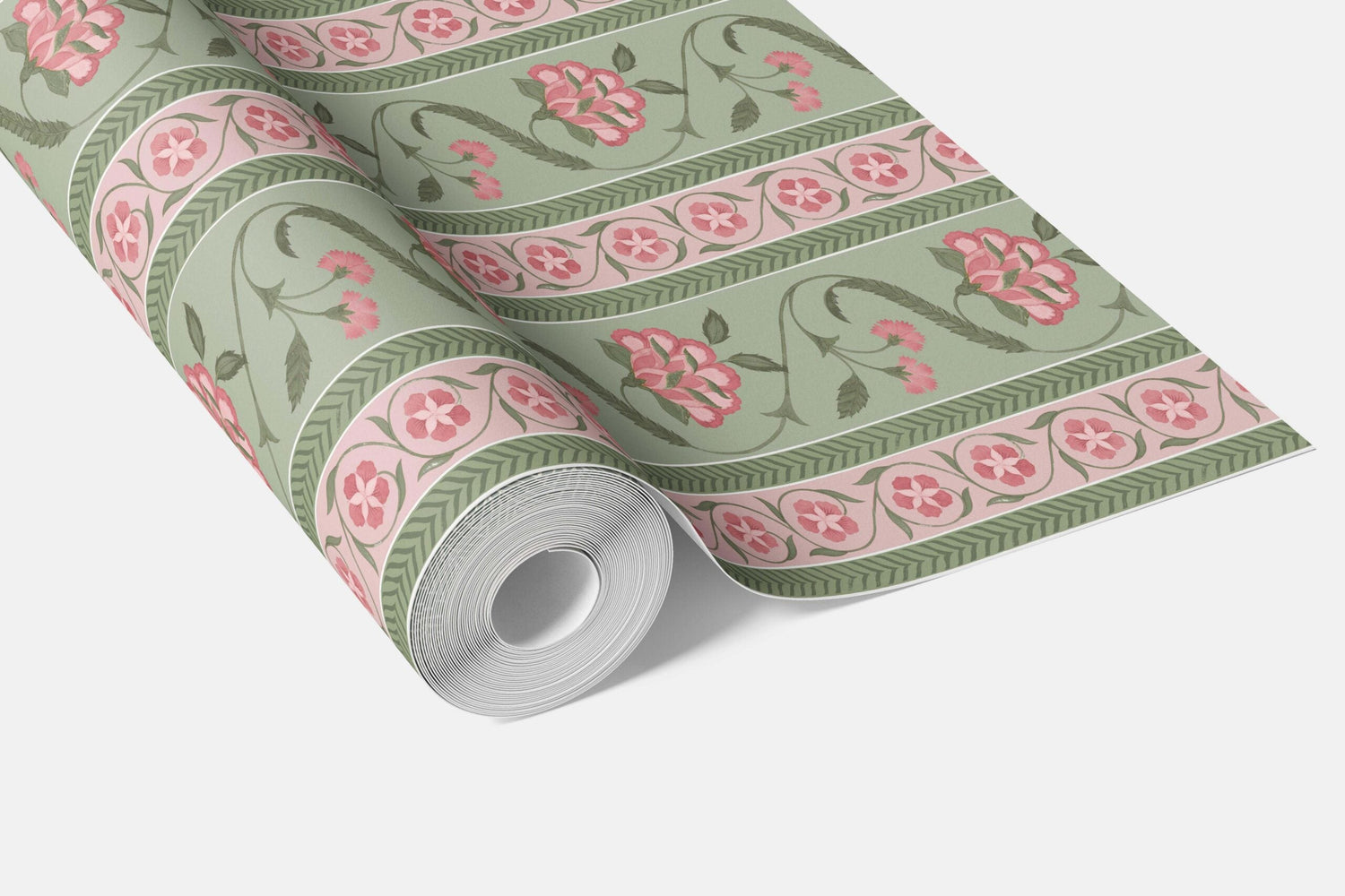 Floral Botanical Striped Bathroom Wallpaper (Green/ Pink)