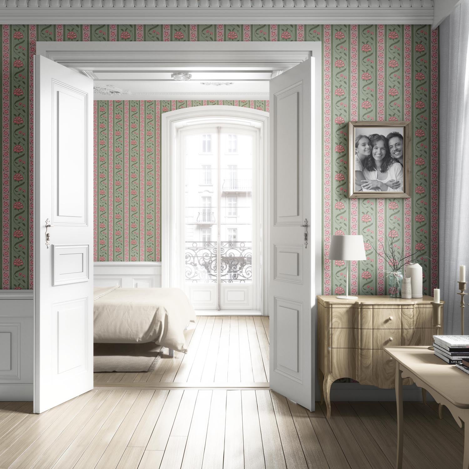 Floral Botanical Striped Living Room Wallpaper (Green/ Pink)