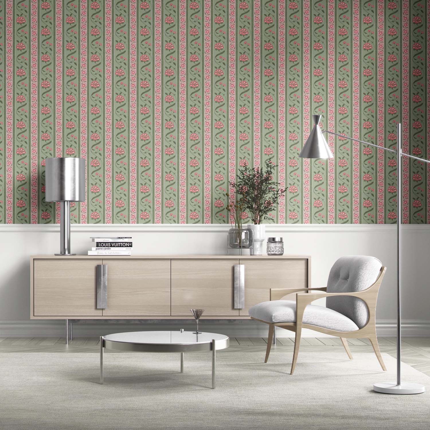 Floral Botanical Striped Nursery Wallpaper (Green/ Pink)