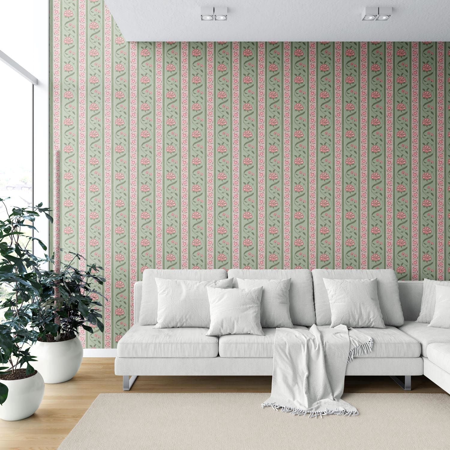 Floral Botanical Striped Shower Toilet Wallpaper (Green/ Pink)