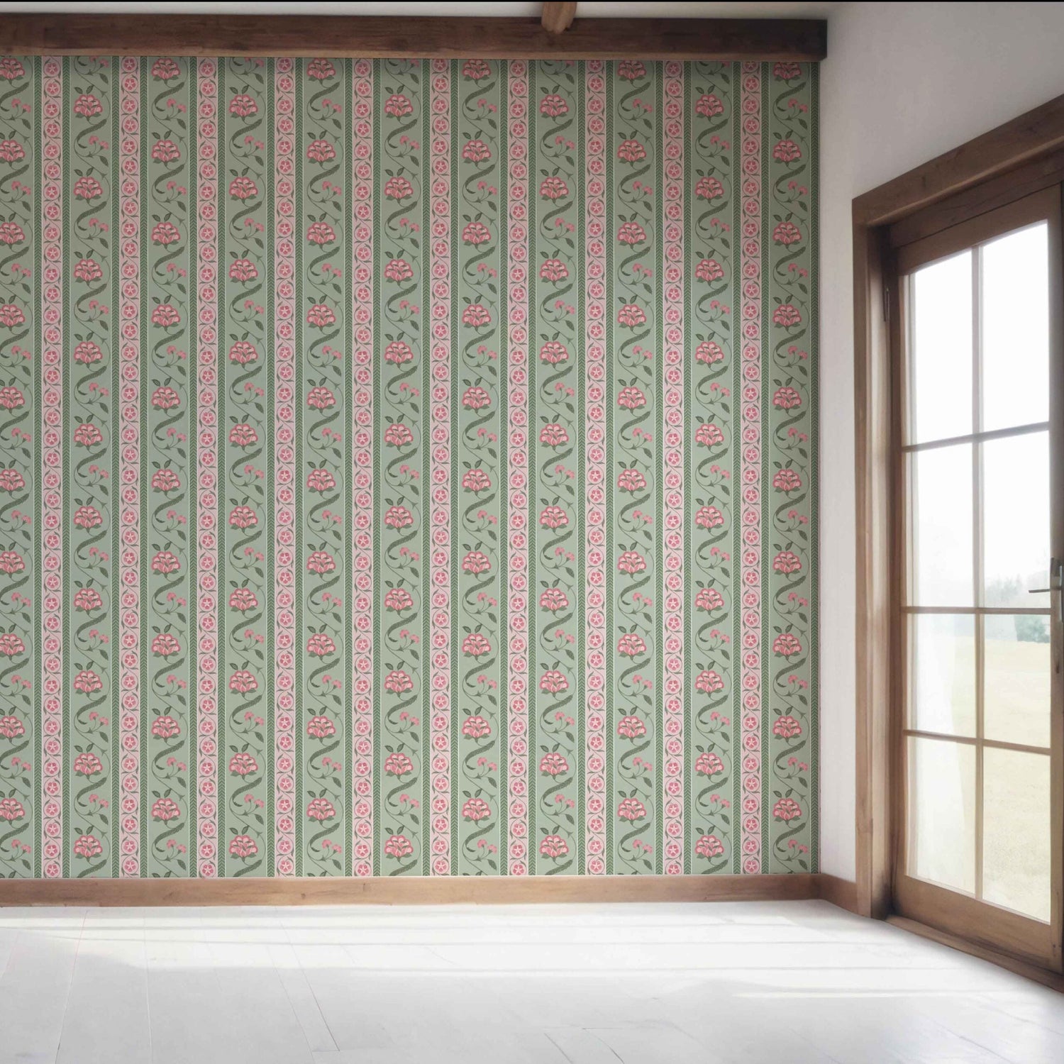 Floral Botanical Striped Bedroom Wallpaper (Green/ Pink)