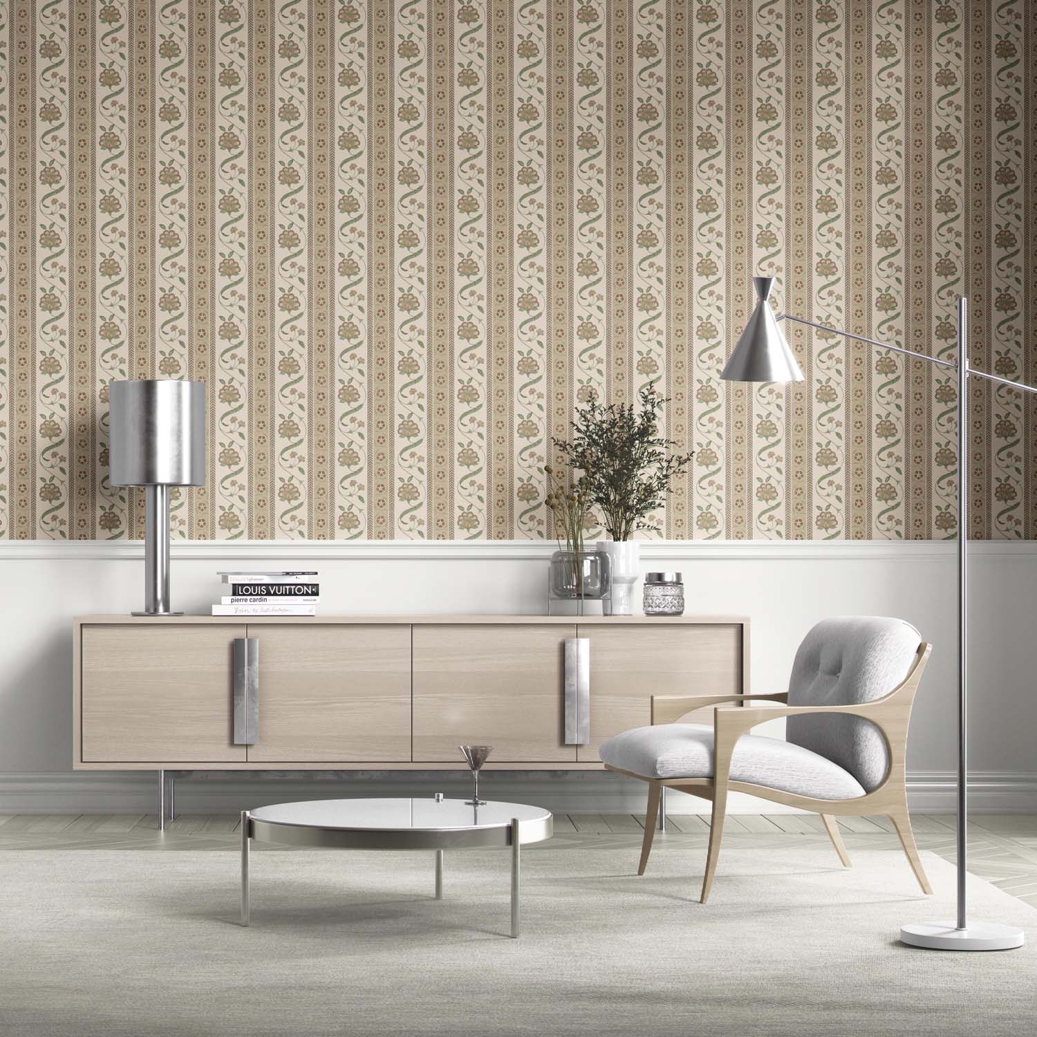 Neutral Floral Botanical Striped Kitchen Wallpaper (Beige/ Brown/ Green)