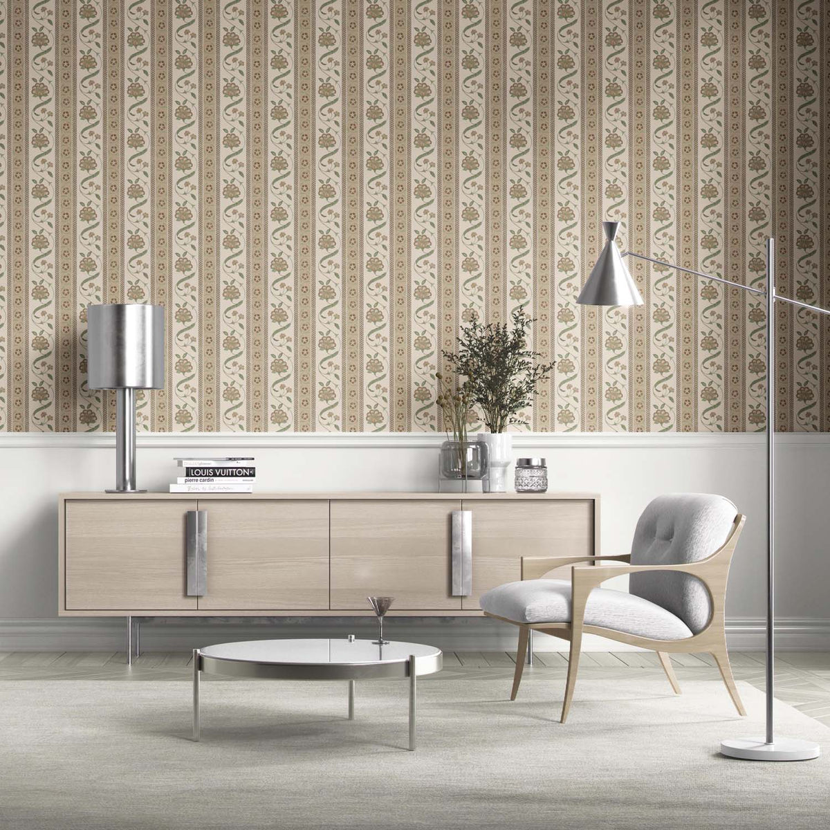 Neutral Floral Botanical Striped Kitchen Wallpaper (Beige/ Brown/ Green)