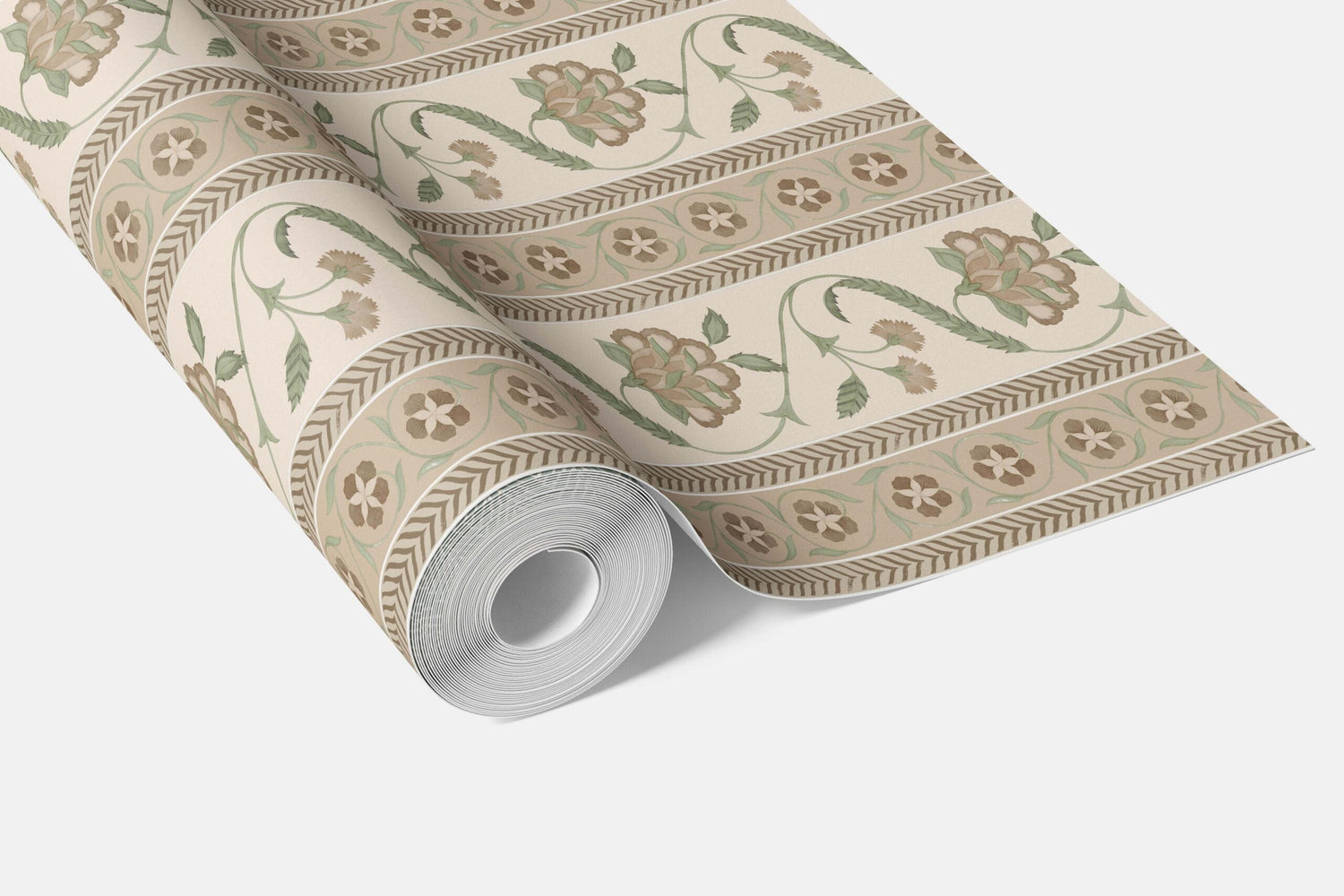 Neutral Floral Botanical Striped Bathroom Wallpaper (Beige/ Brown/ Green)