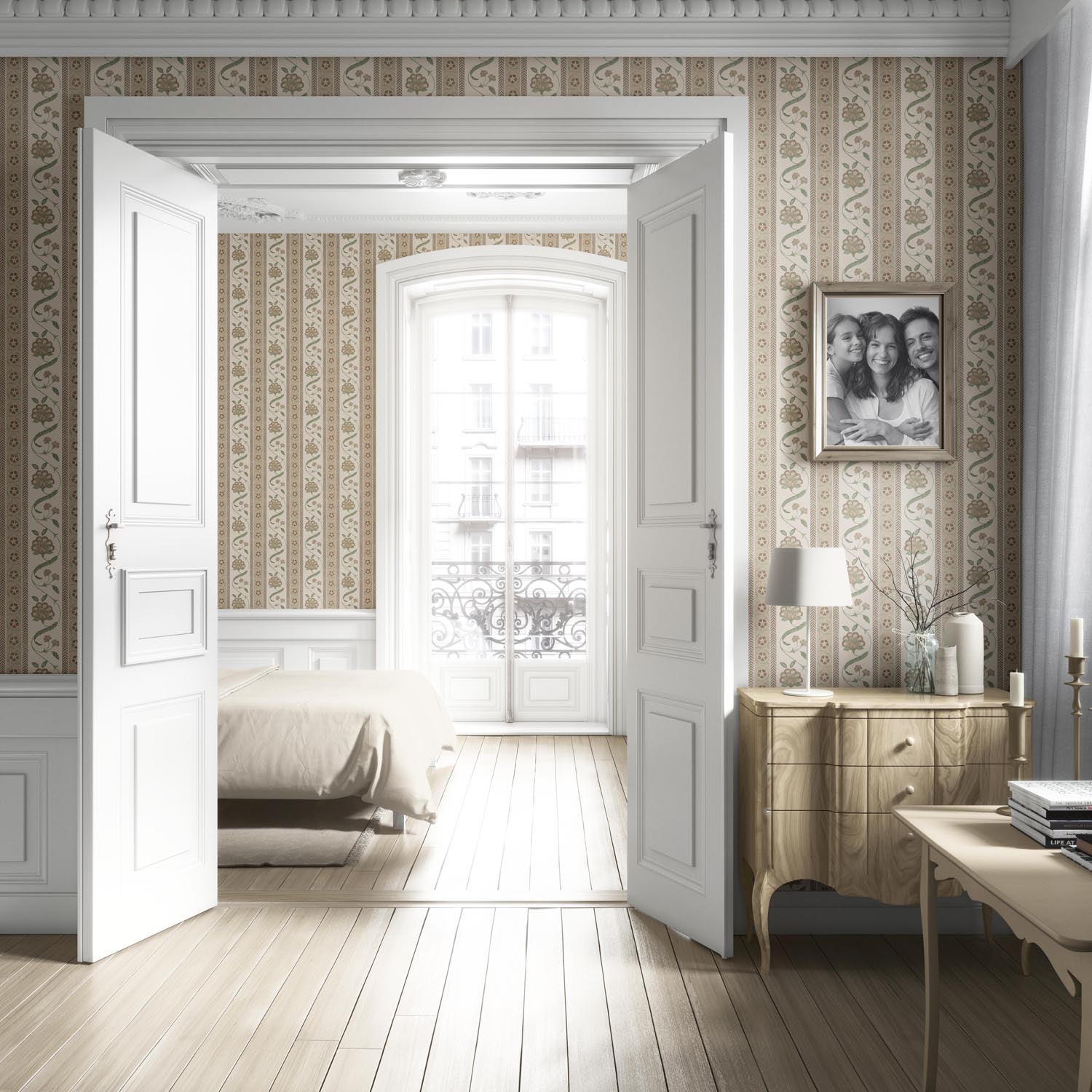 Neutral Floral Botanical Striped Living Room Wallpaper (Beige/ Brown/ Green)