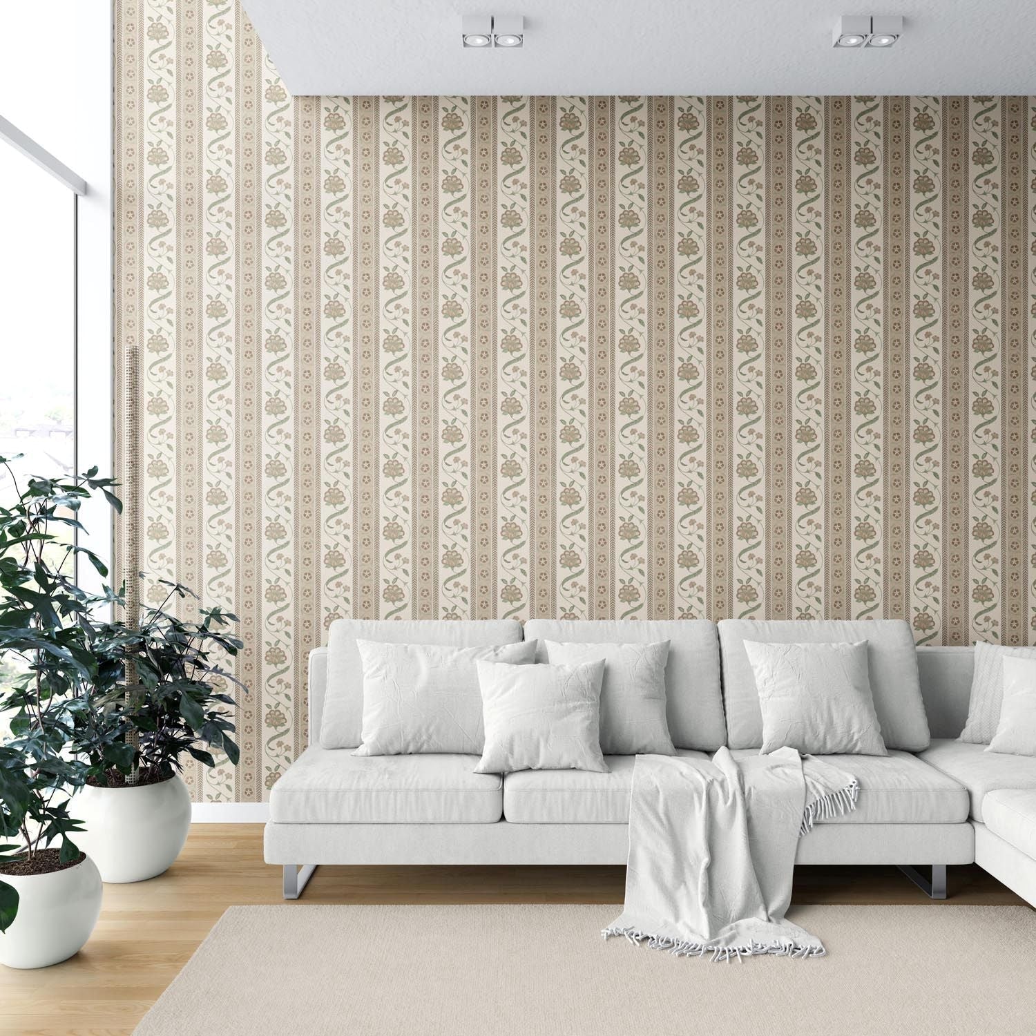 Neutral Floral Botanical Striped Shower Toilet Wallpaper (Beige/ Brown/ Green)