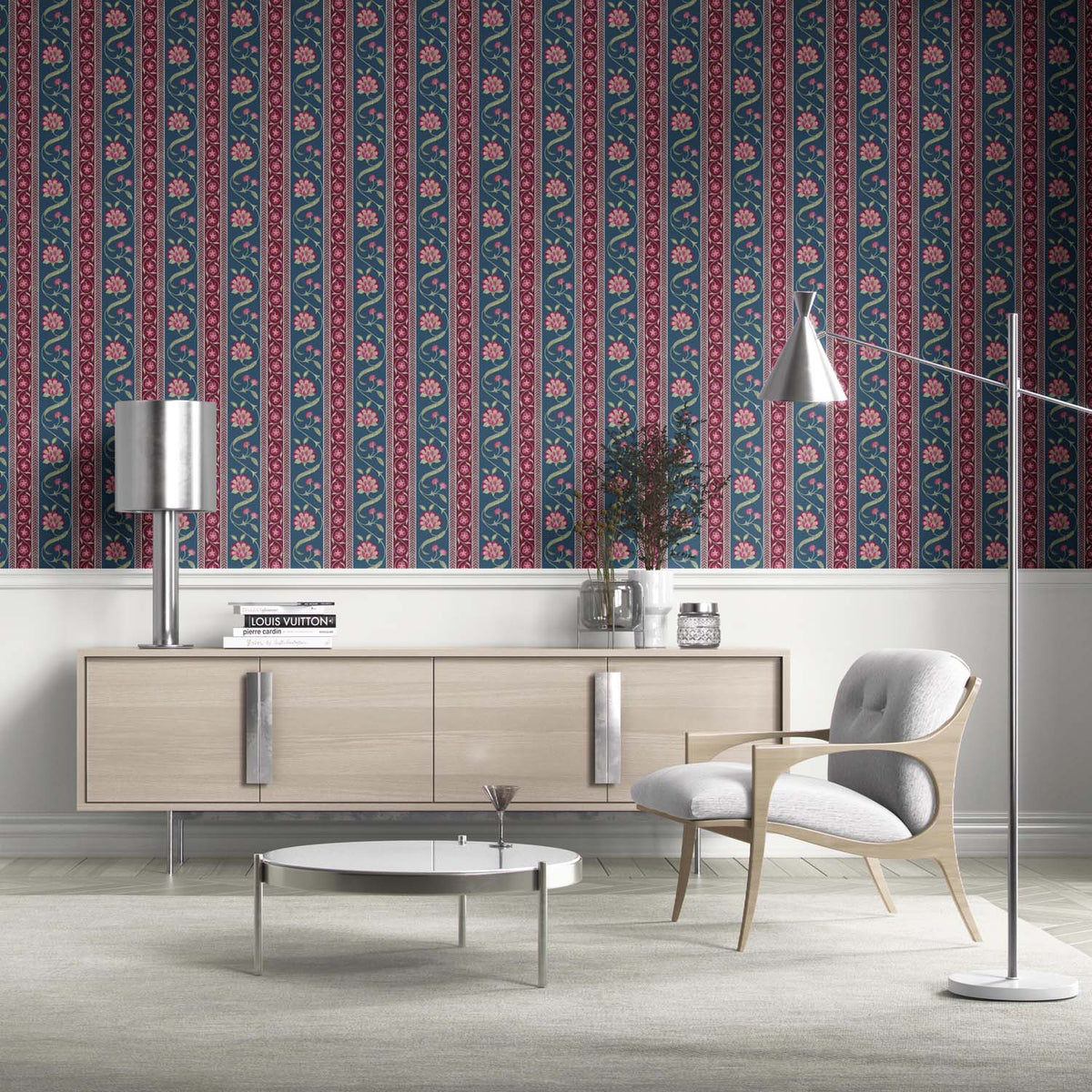 Floral Botanical Striped Kitchen Wallpaper (Teal Blue/ Pink/ Green)