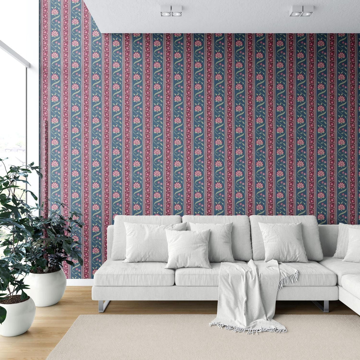 Floral Botanical Striped Shower Toilet Wallpaper (Teal Blue/ Pink/ Green)