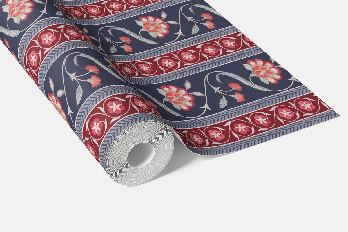 Floral Botanical Striped Bathroom Wallpaper (Navy Blue/ Red/ Gray)