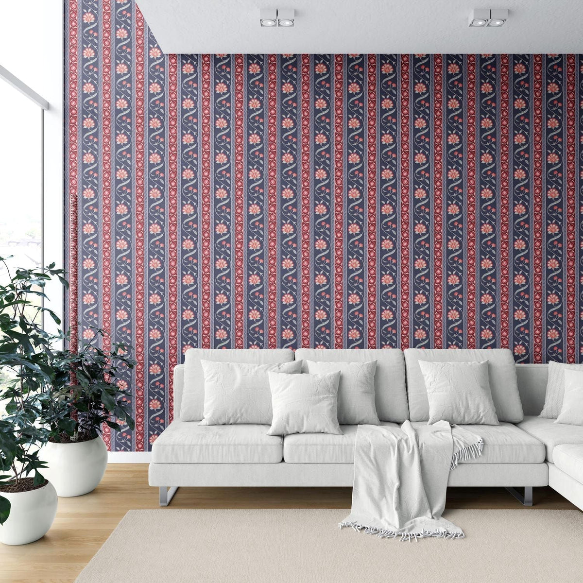 Floral Botanical Striped Shower Toilet Wallpaper (Navy Blue/ Red/ Gray)